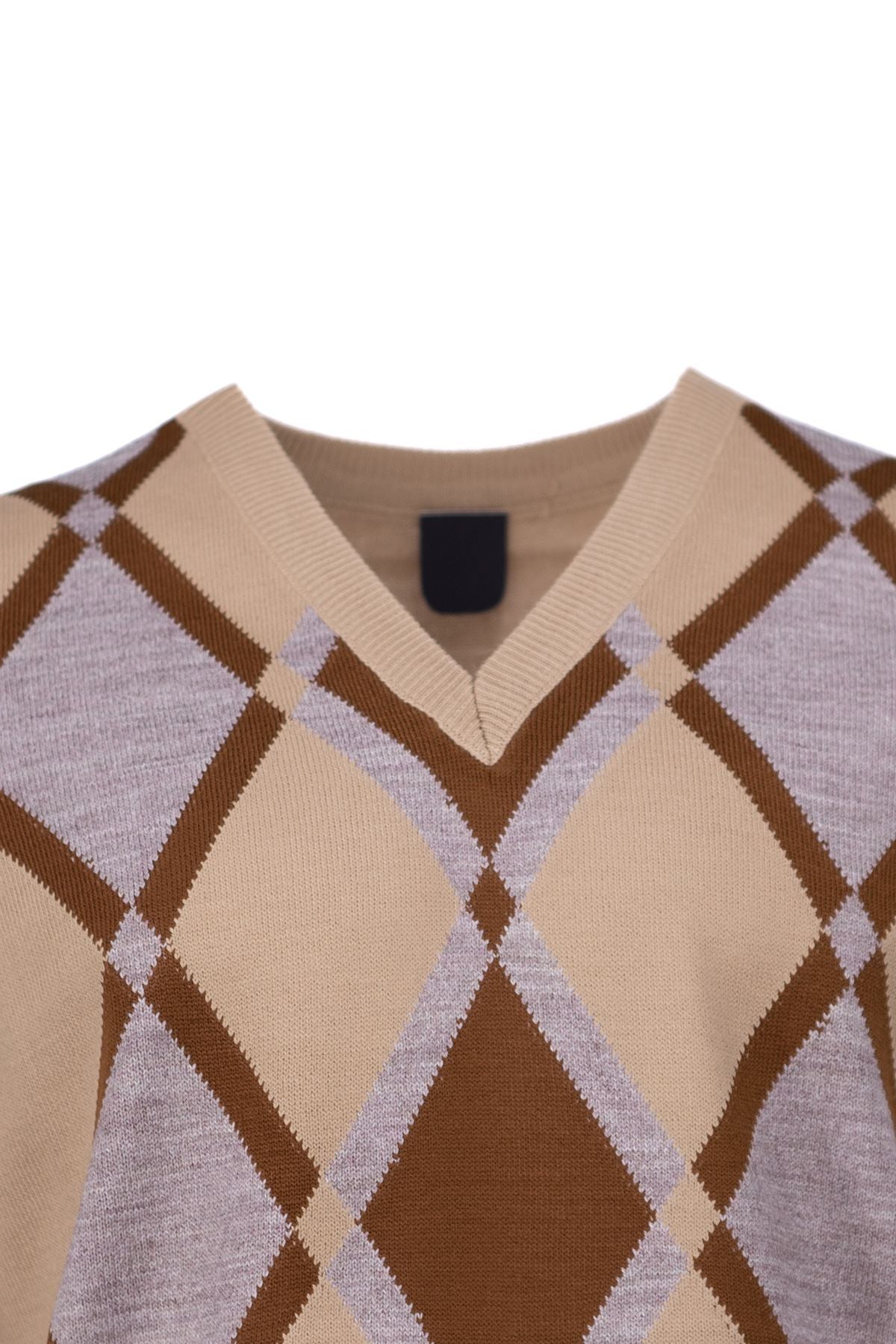 Erkek Kışlık Doğal Yünlü Örme V Yaka Kazak Baklava Desenli Rahat Tam Kalıp Klasik Model