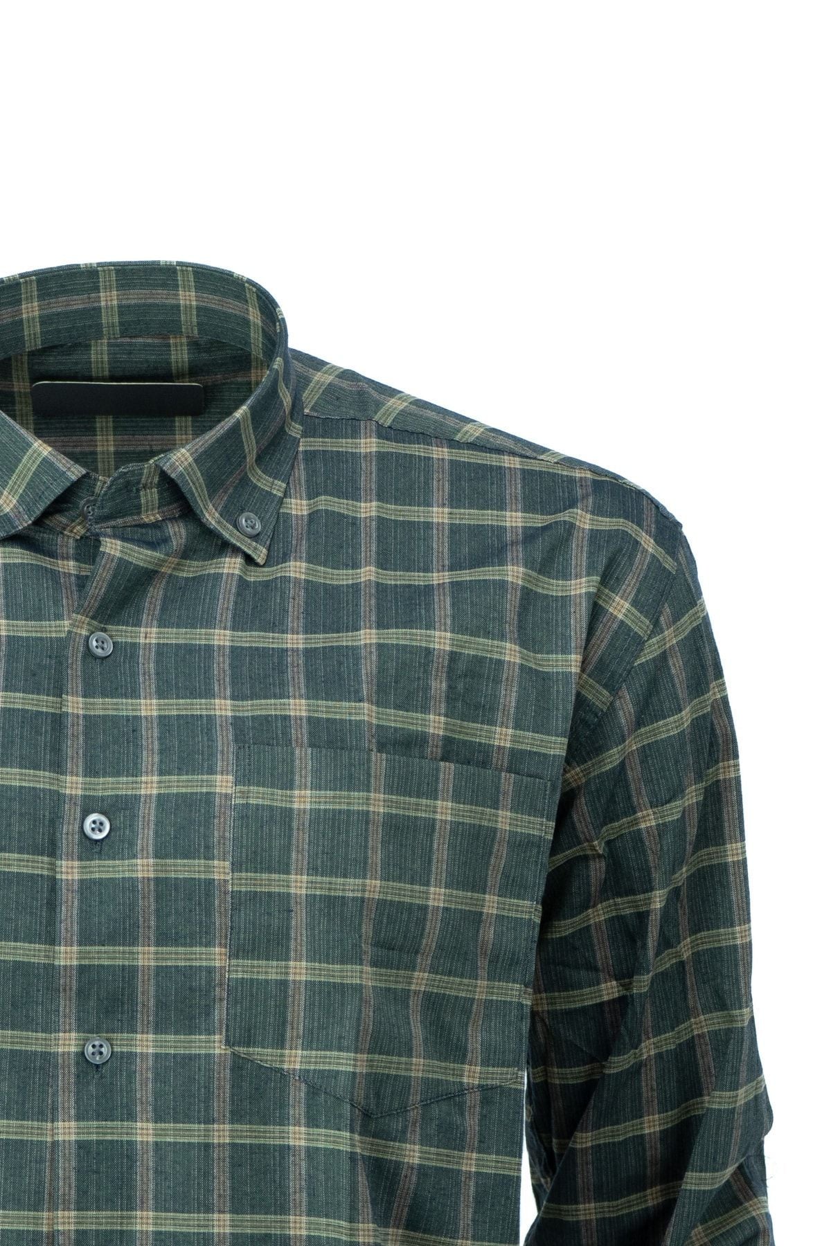 Erkek Kare Desenli Uzun Kol Tam Kalıp Rahat Kesim Cepli Yakası Düğmeli Pamuklu Klasik Gömlek