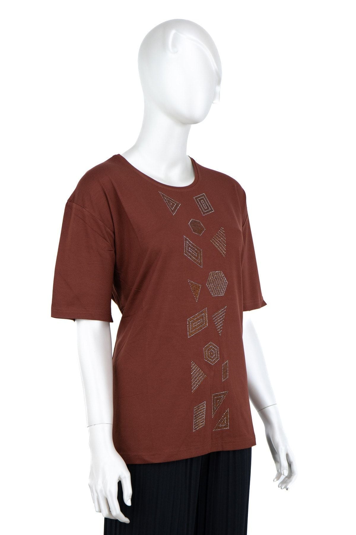 Kadın Düğün Taşlı Kısa Kollu Tam Kalıp Büyük Beden Likralı Viskon Penye Kumaş Anne Bluz