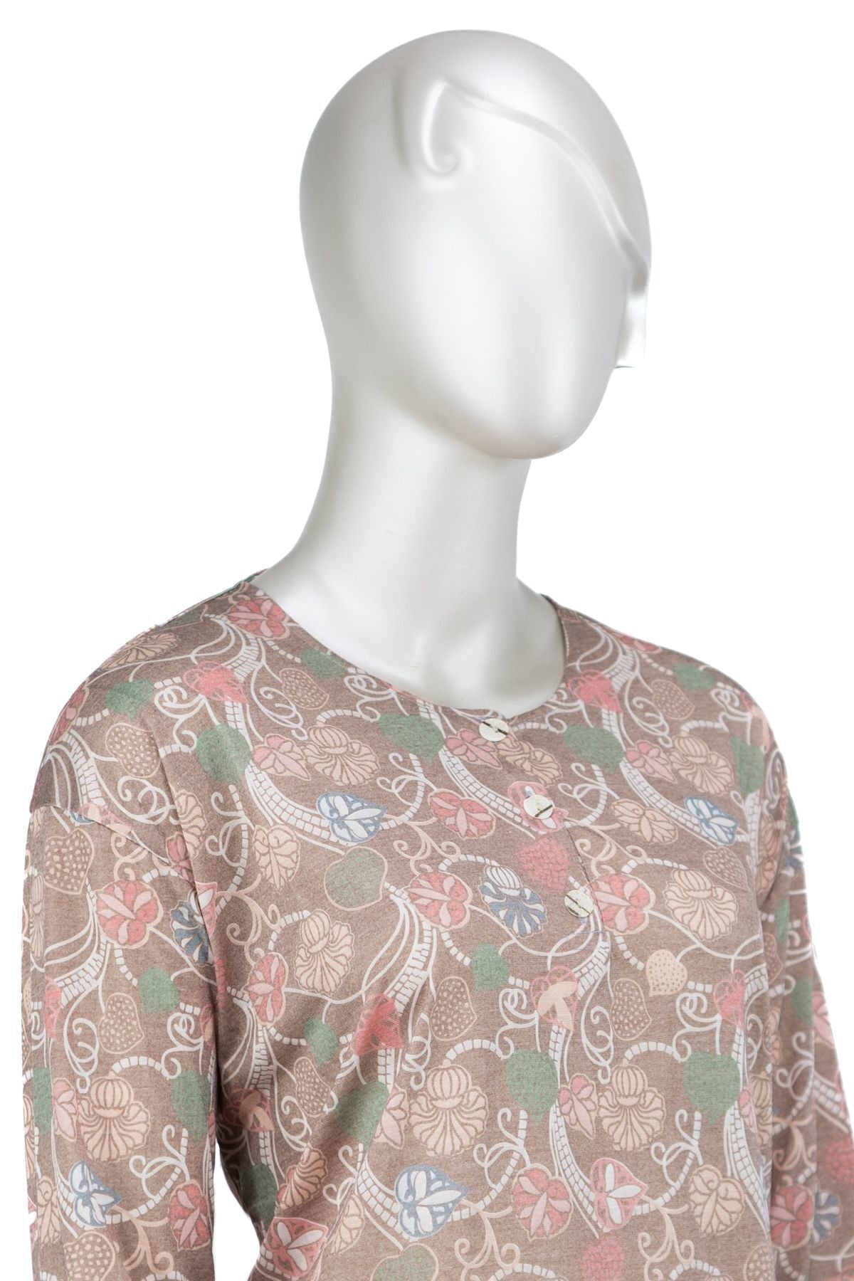 Kadın Kağıt Baskı Klasik Anne Bluz Kalp Desenli Üç Düğmeli Yuvarlak Yaka Likralı Tam Kalıp