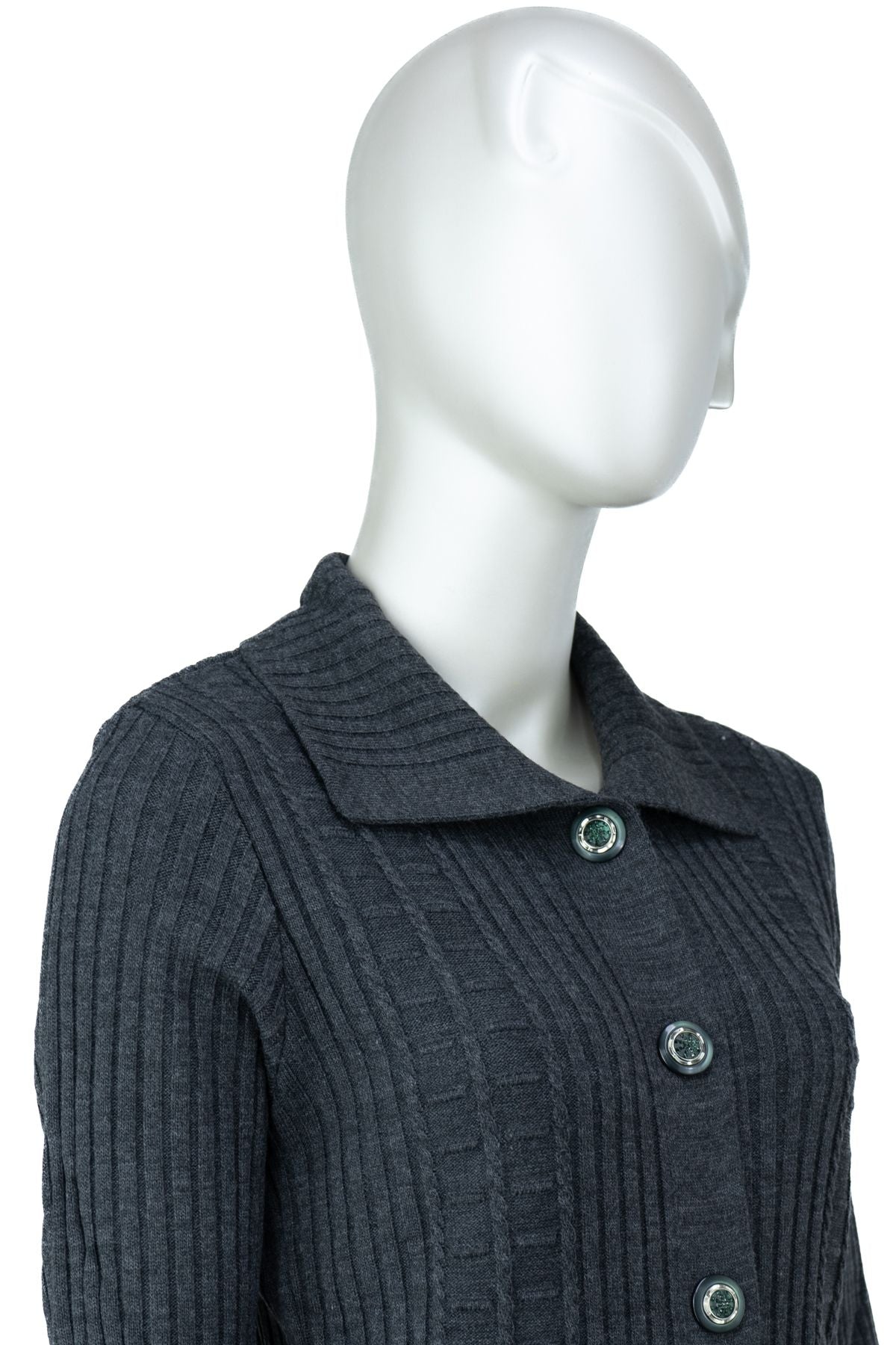 Kadın Kışlık Yünlü Örme Anne Hırka Bebe Yaka Pırlanta Taşı Motifli Çift Cepli Düğmeli