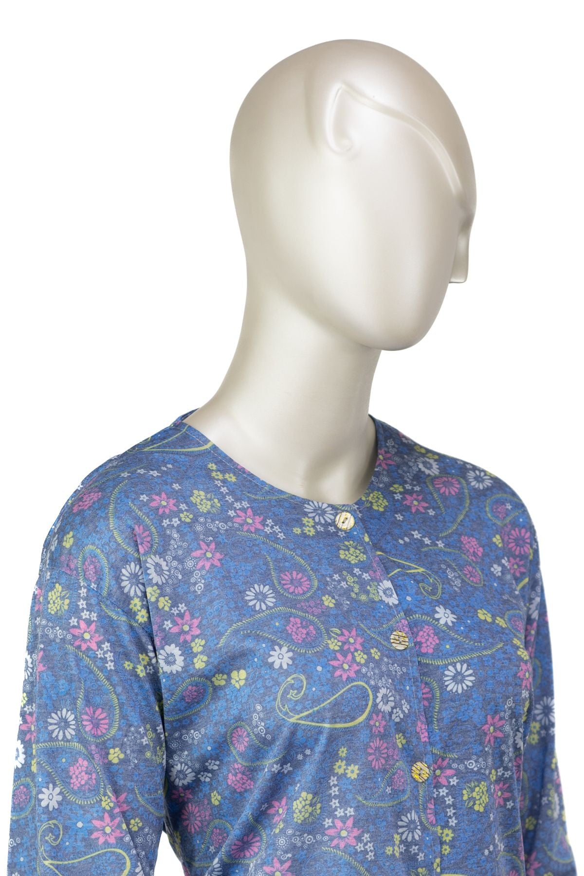 Kadın Kağıt Baskı Klasik Anne Bluz Pamuk Kumaş Defne Desenli Boydan Düğmeli Tam Kalıp