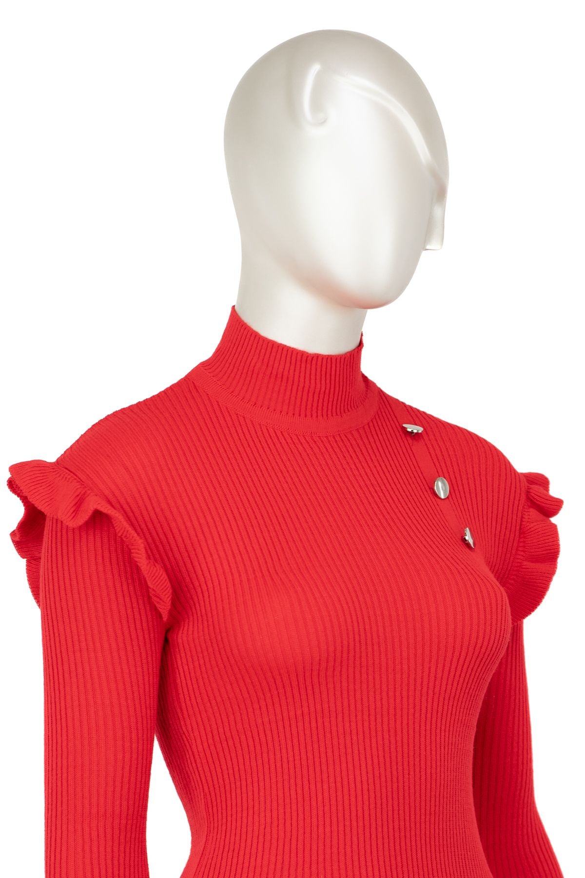 Kadın Kışlık Kolları Şık DüğmeDetaylı Yarım Yaka Bedene Oturan Likralı Örme Triko Badi Kazak