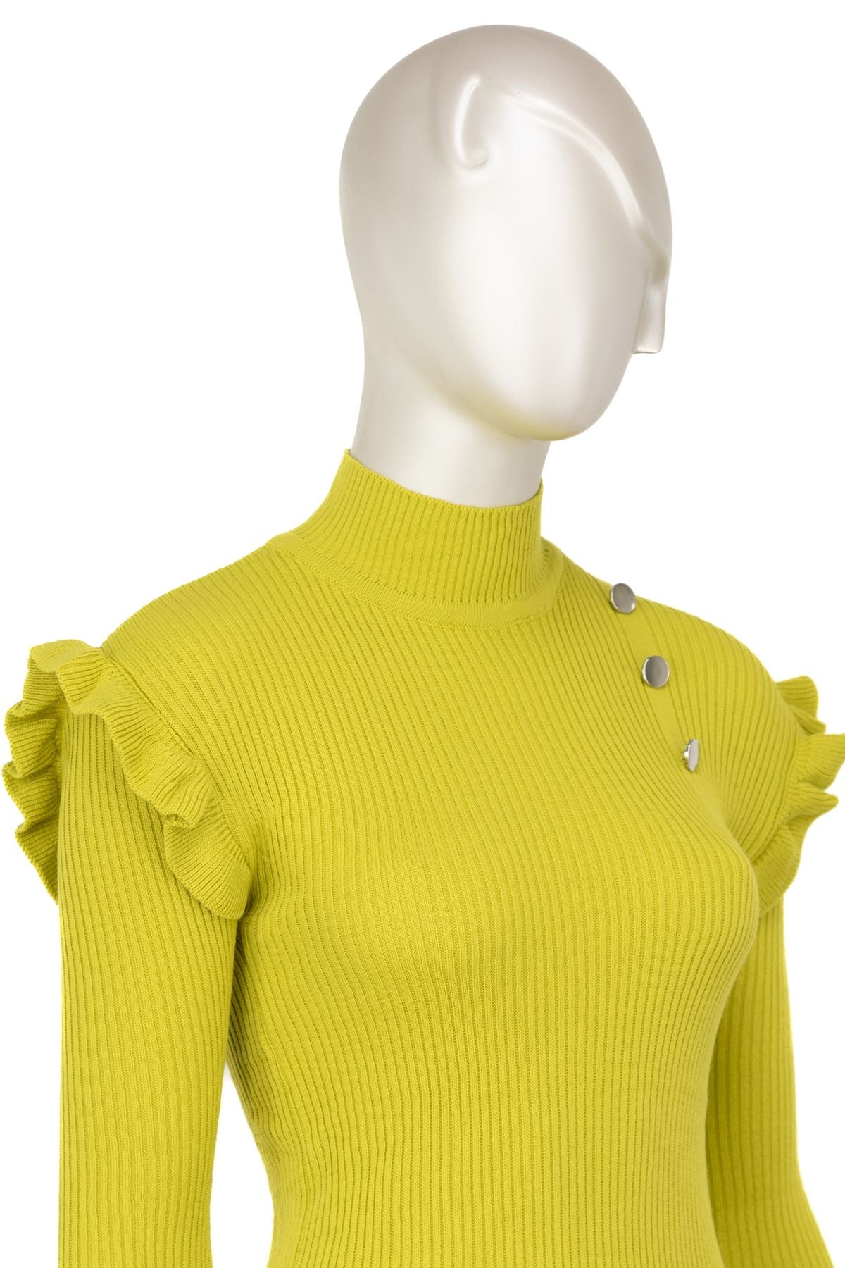 Kadın Kışlık Kolları Şık DüğmeDetaylı Yarım Yaka Bedene Oturan Likralı Örme Triko Badi Kazak