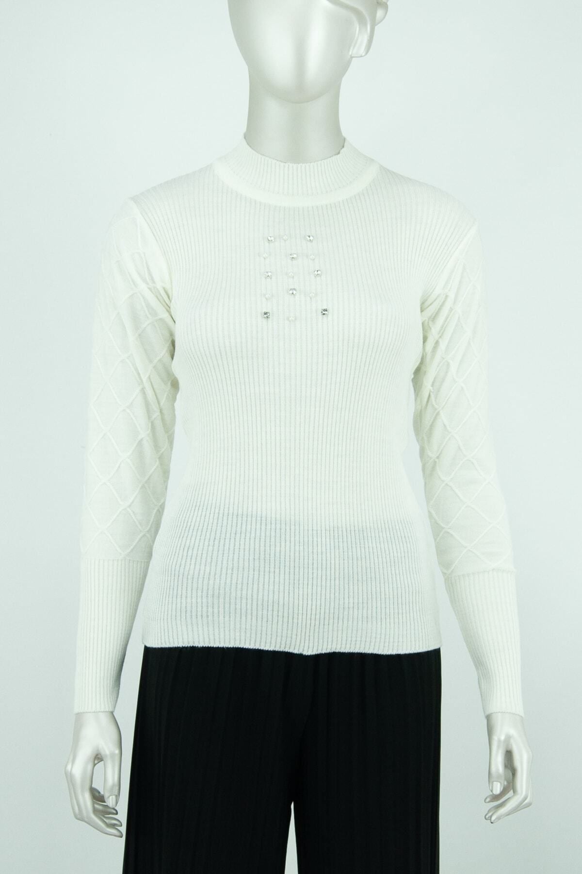 Kadın Kışlık Şık Boncuk Ve Taş Motifli Uzunkol Bedene Oturan Likralı Yünlü Dokuma Badi Kazak