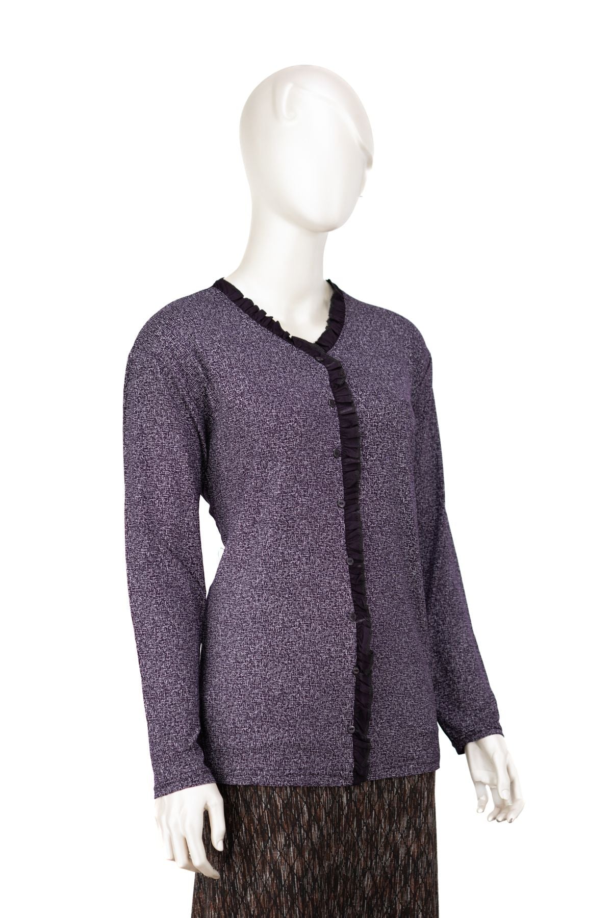 Kadın Turlu Viskon Penye Kumaş Anne Bluz Çizgisel Desenli V Yaka Uzun Kol Tam Kalıp Likralı