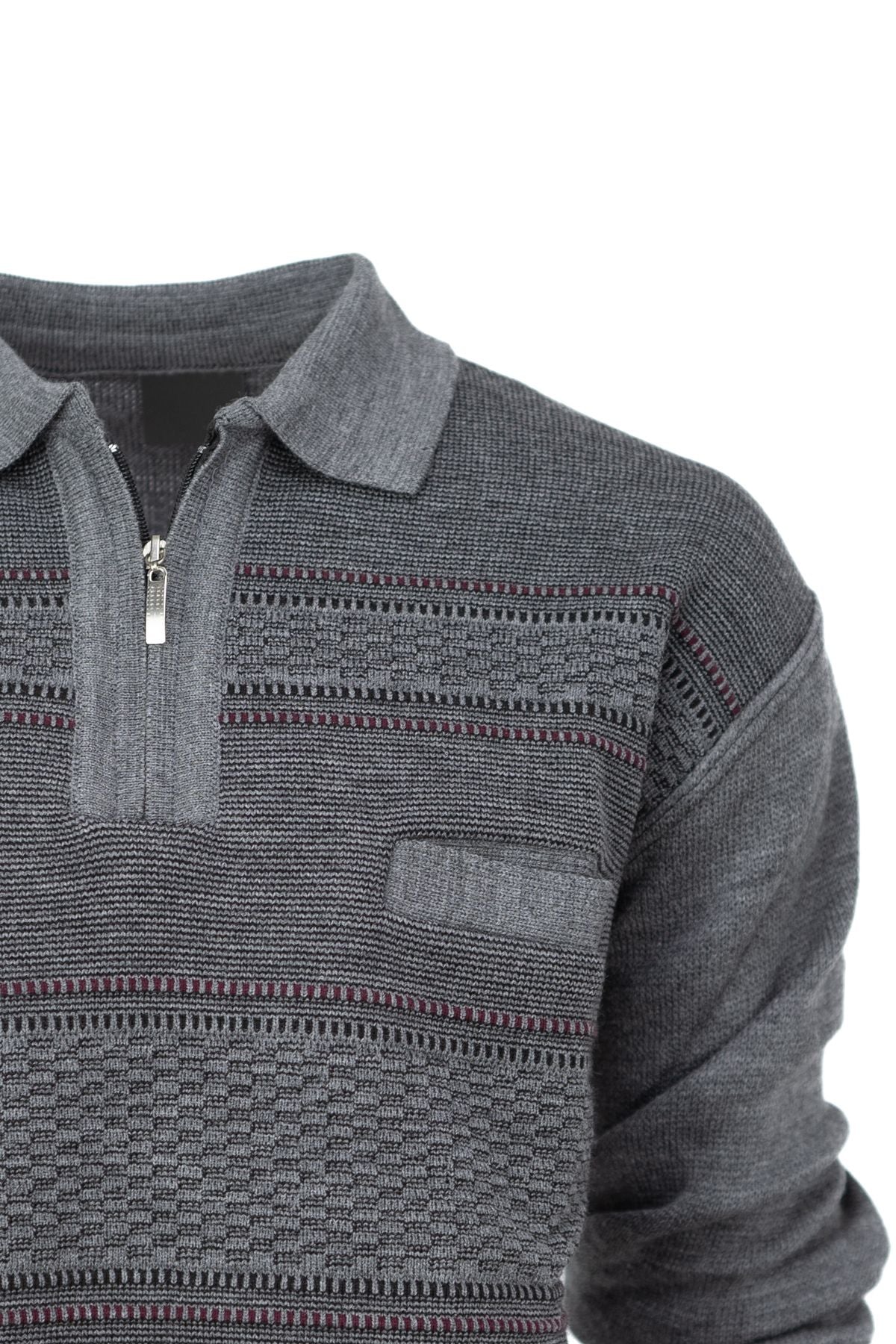 Erkek Kışlık Kalın Pamuklu Örme Triko Kazak Desenli Fermuarlı Cepli Tam Kalıp Gömlek Yaka