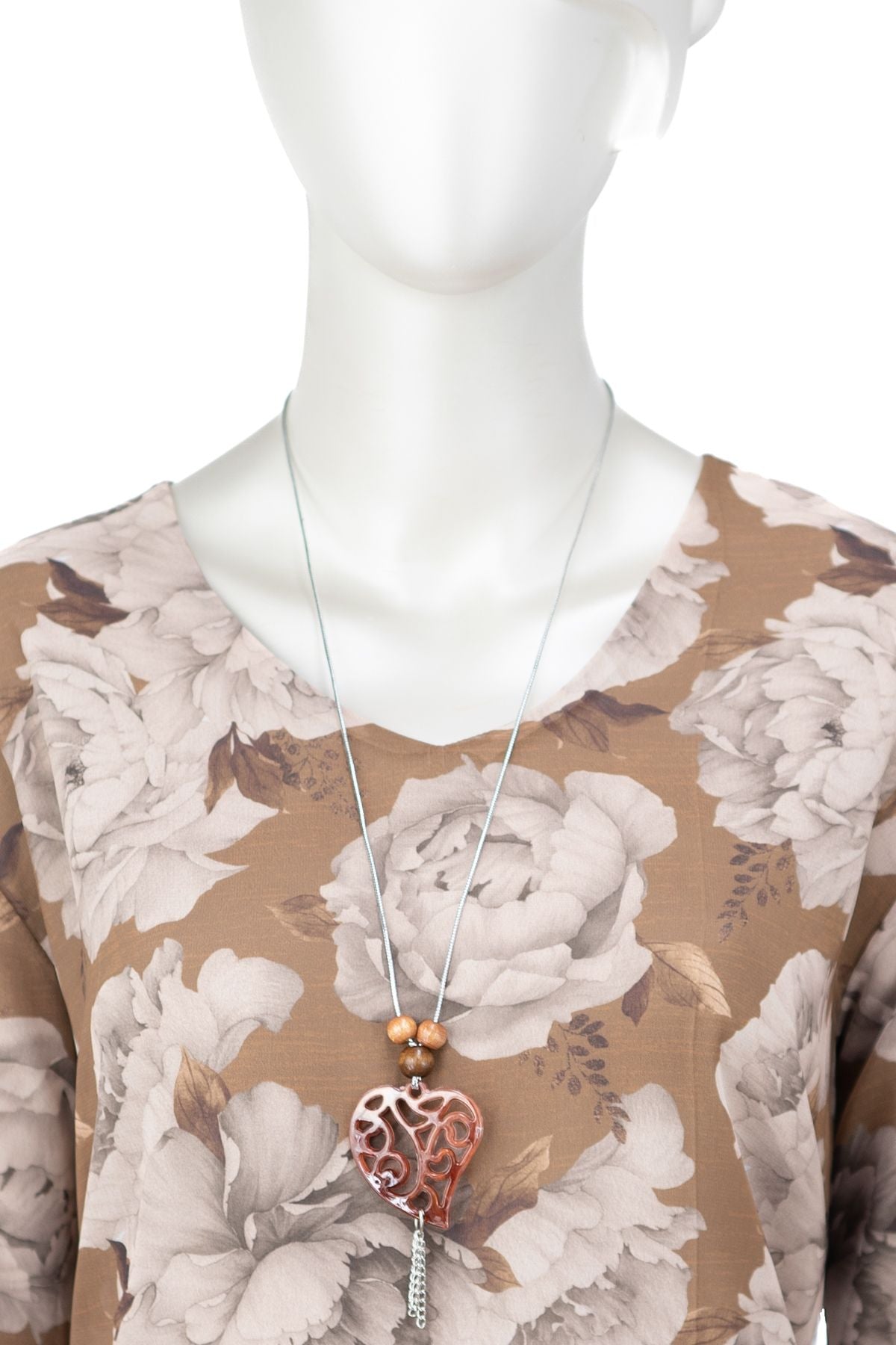 Kadın Klasik Şifon Anne Bluz Viskoz Kumaş Gül Desenli Kolyeli Uzun Kollu Astarlı Tam Kalıp