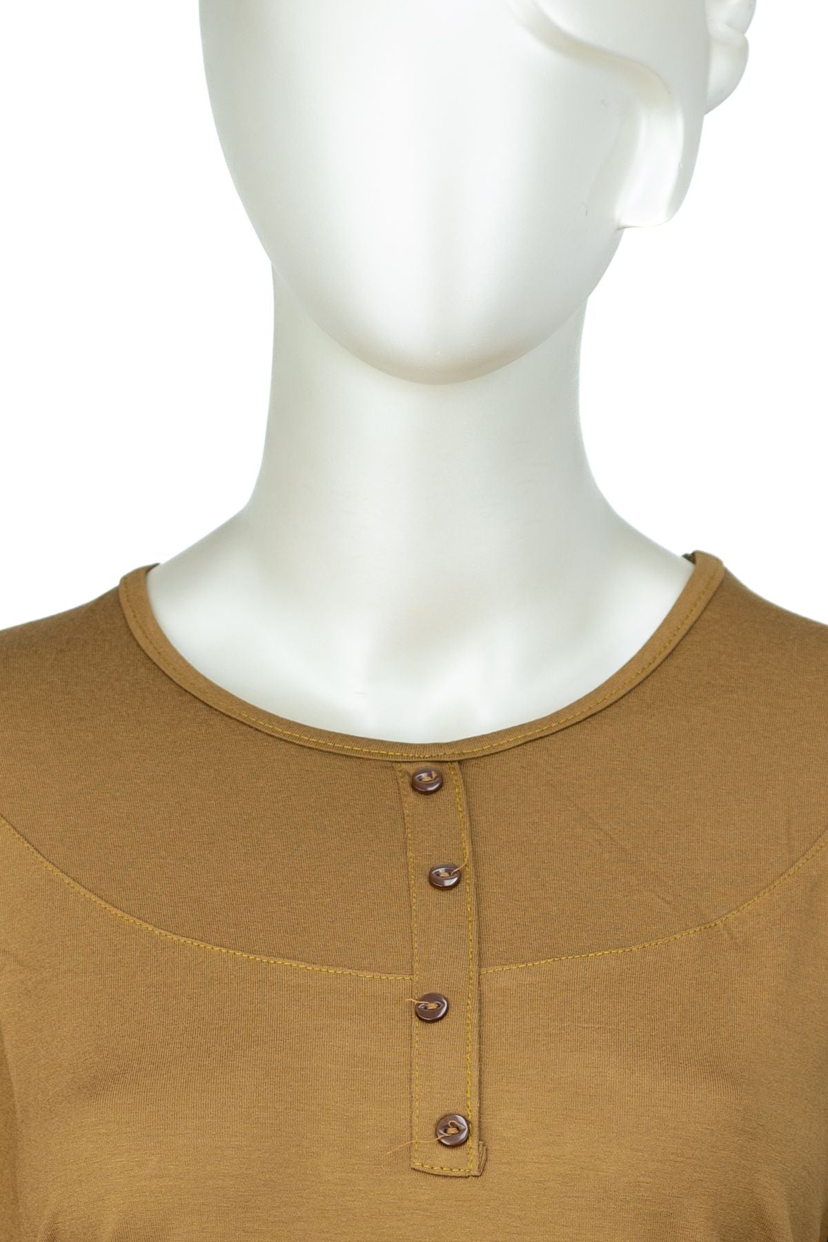 Kadın Klasik Düğme Desenli Yuvarlak Yaka Rahat Büyük Beden Viskon Penye Kumaş Anne Bluz