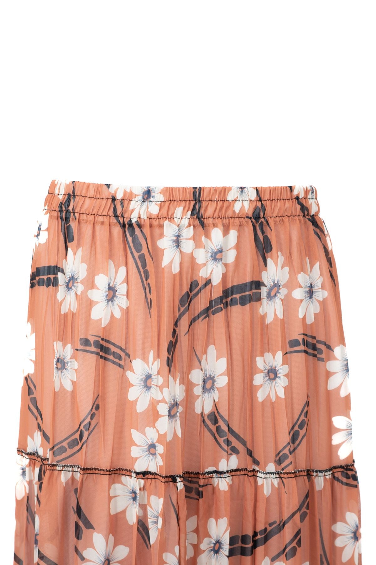 Kadın Astarlı Şifon Etek Bahar Çiçekleri Desenli Beli Lastikli Rahat Kesim Parçalı