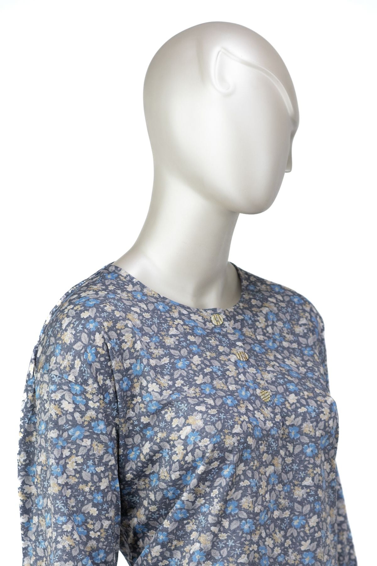 Kadın Kağıt Baskı Klasik Anne Bluz Pamuk Kumaş Begonya Desenli Üç Düğmeli Tam Kalıp