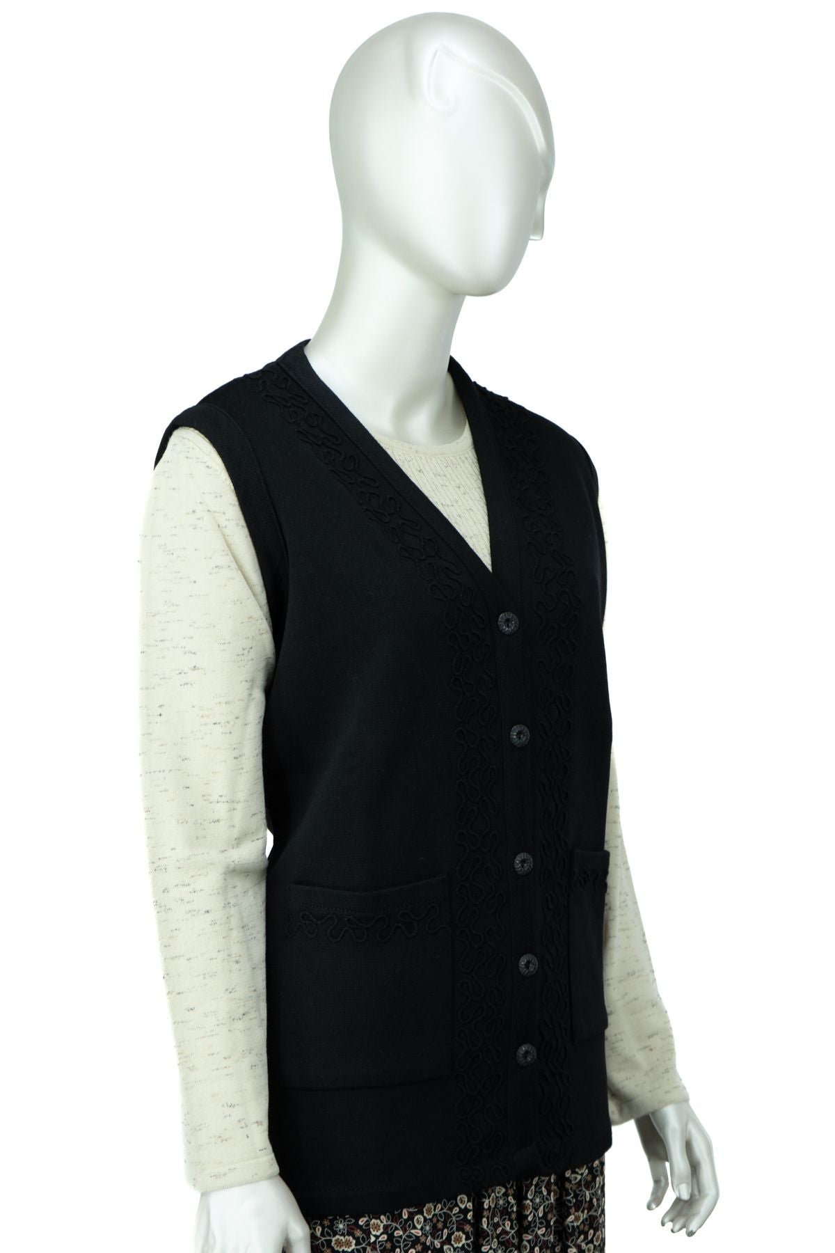 Kadın Çelik Örme Anne Yelek V Yaka Sarmaşık Nakışlı Çift Cepli Düğmeli Tam Kalıp Likralı