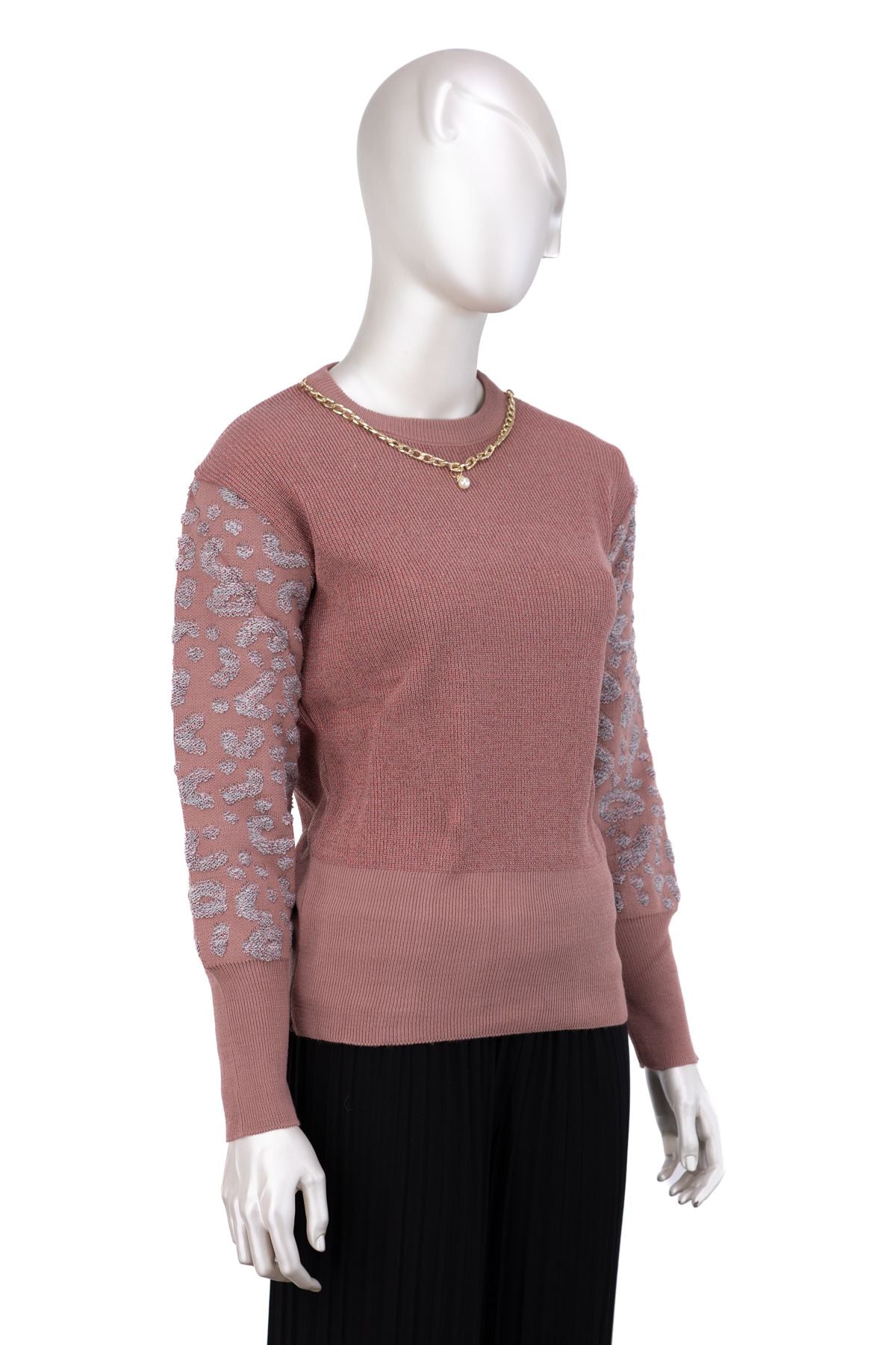 Kadın Kışlık Zincir Modelli Yuvarlak Yaka Spor Kesim Likralı Simli iplikten Örme Triko Kazak