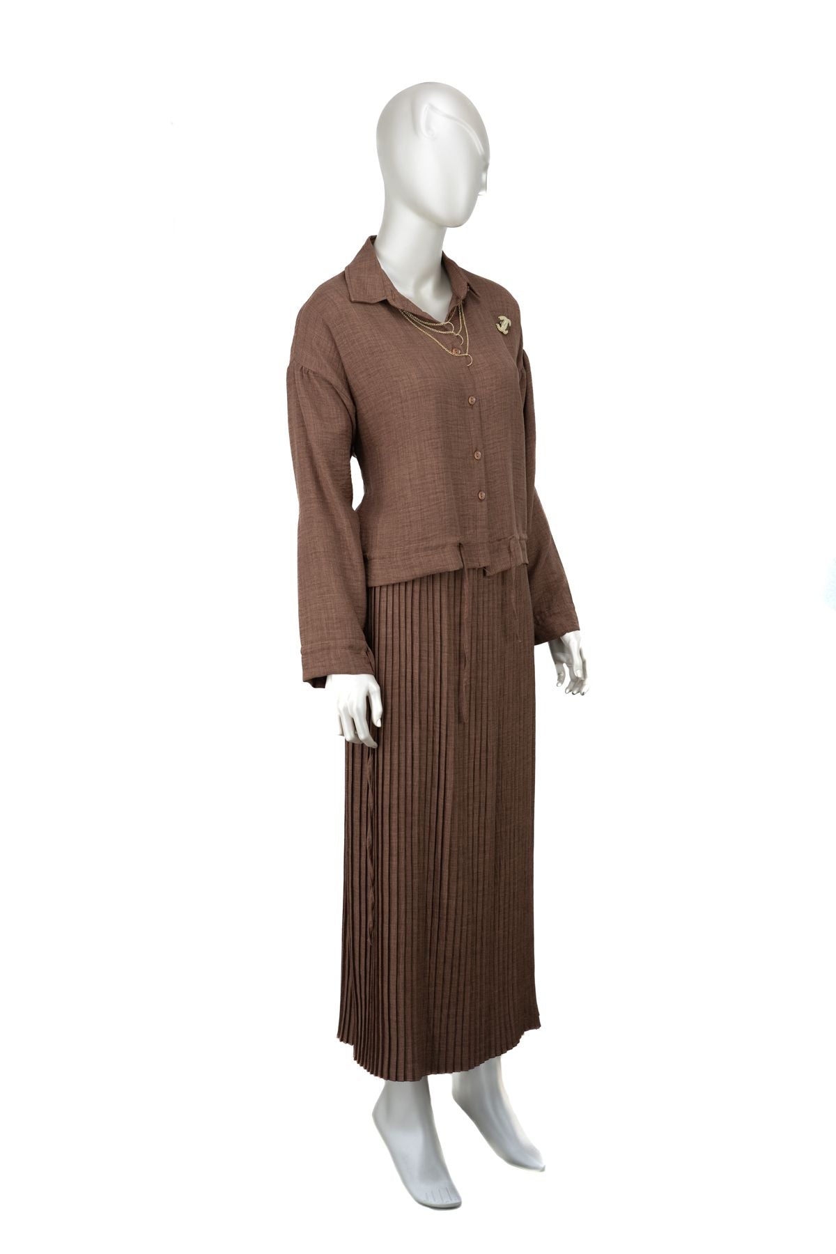 Kadın ikili Piliseli Keten Takım Yakası Kolyeli Önü Düğmeli Gömlek Yaka Şık Modelli TamKalıp