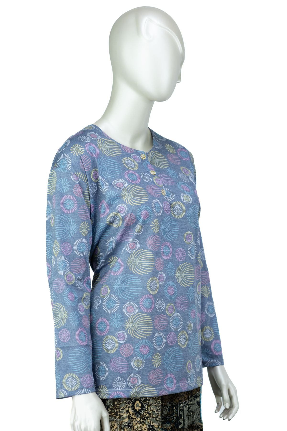 Kadın Kağıt Baskı Klasik Anne Bluz Pamuk Kumaş Gelin Desenli Üç Düğmeli Yuvarlak Yaka Rahat