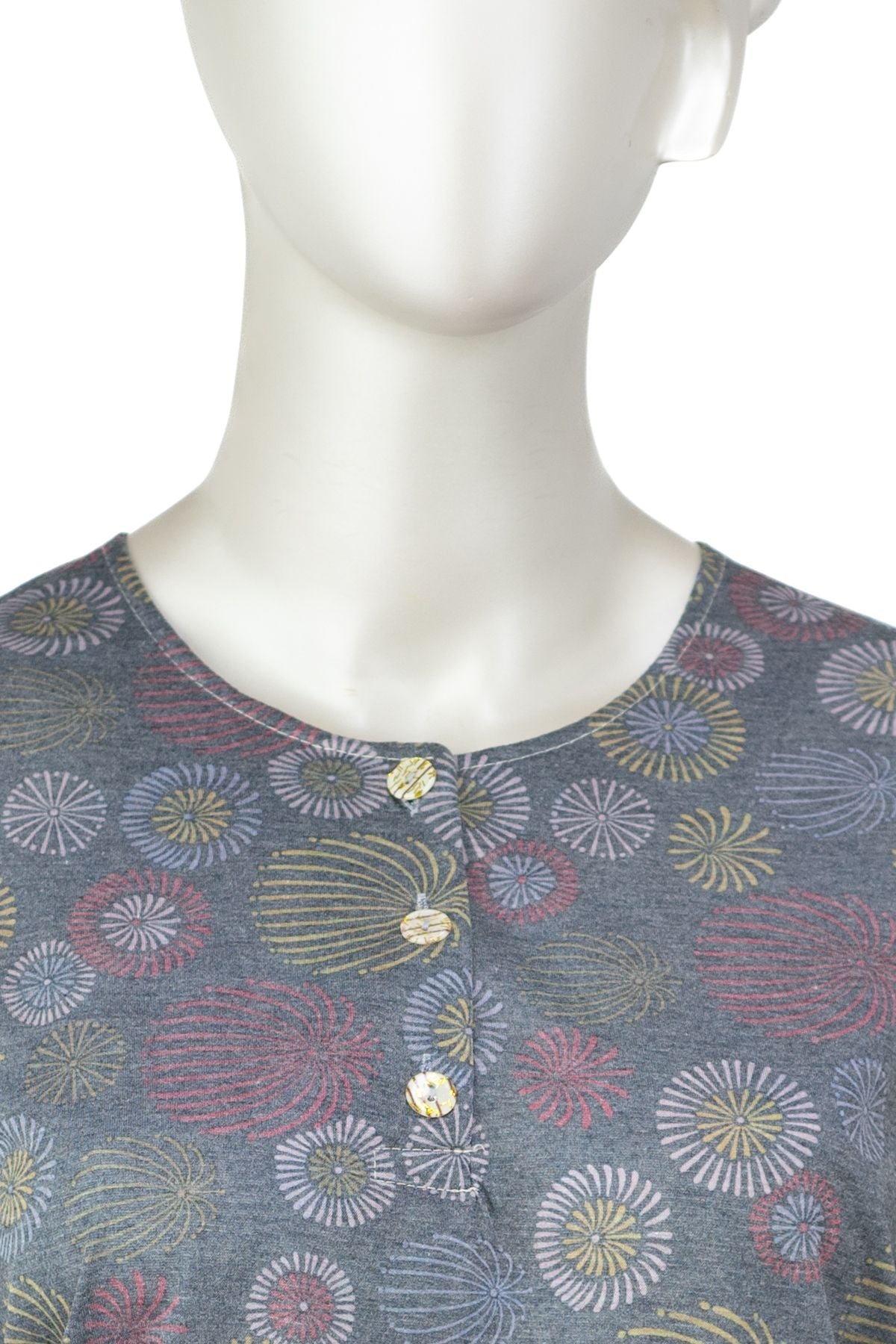 Kadın Kağıt Baskı Klasik Anne Bluz Pamuk Kumaş Gelin Desenli Üç Düğmeli Yuvarlak Yaka Rahat