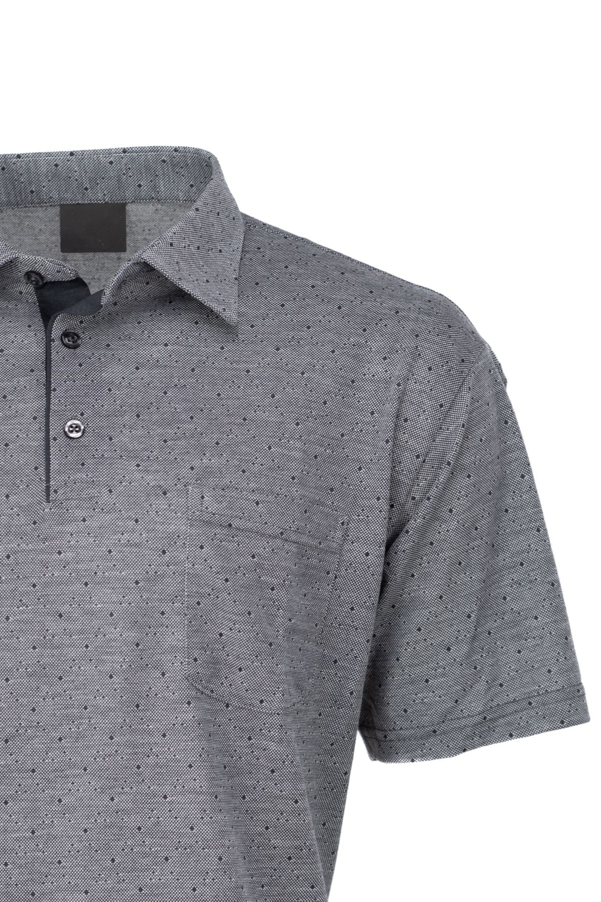 Erkek Pamuklu Kumaş T-Shirt Düğmeli Gömlek Yaka Cepli Kısa Kollu Şık Nokta Desenli Tam Kalıp