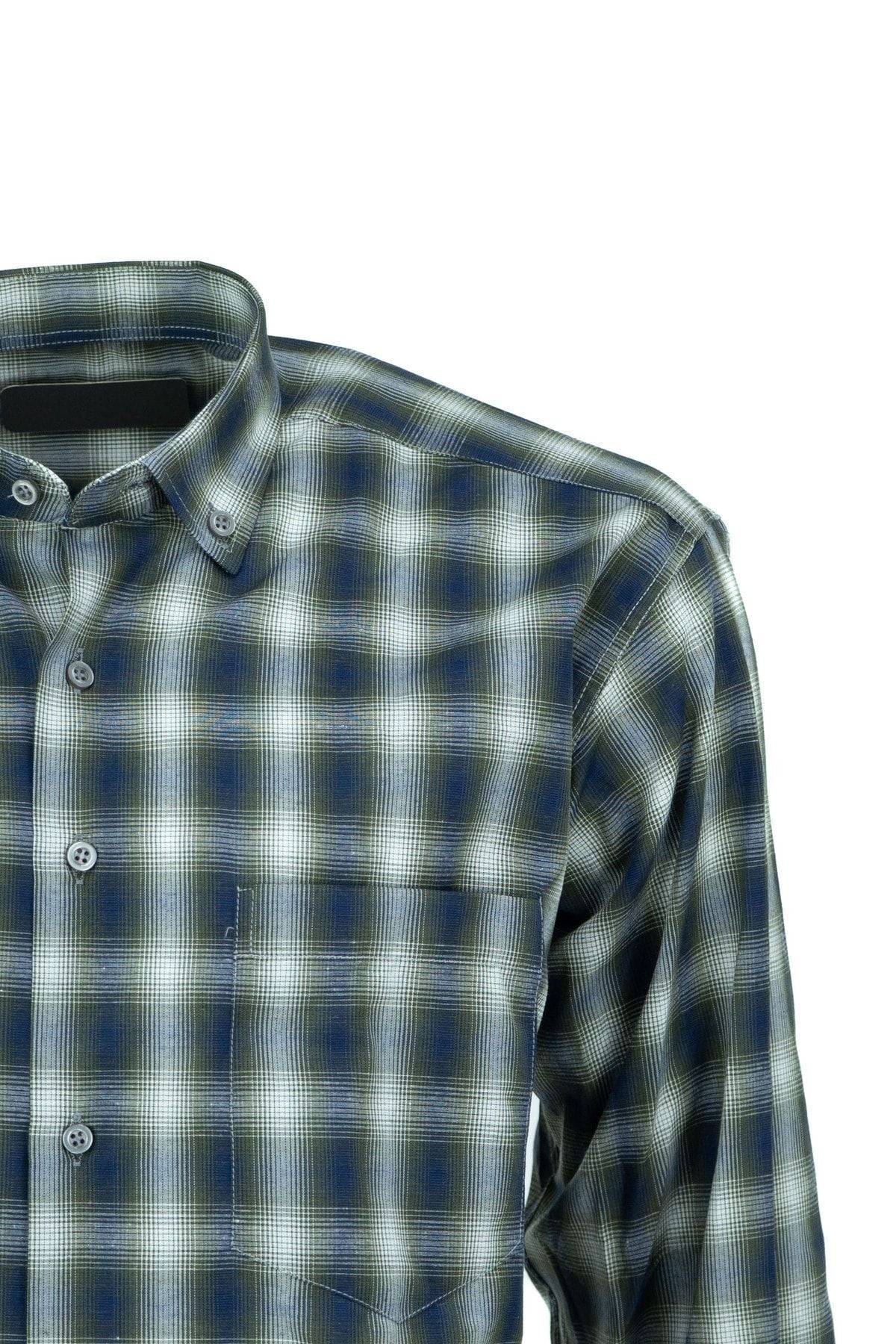 Erkek Şık Kare Desenli Tam Kalıp Rahat Kesim Cepli Yakası Düğmeli Pamuklu Klasik Gömlek