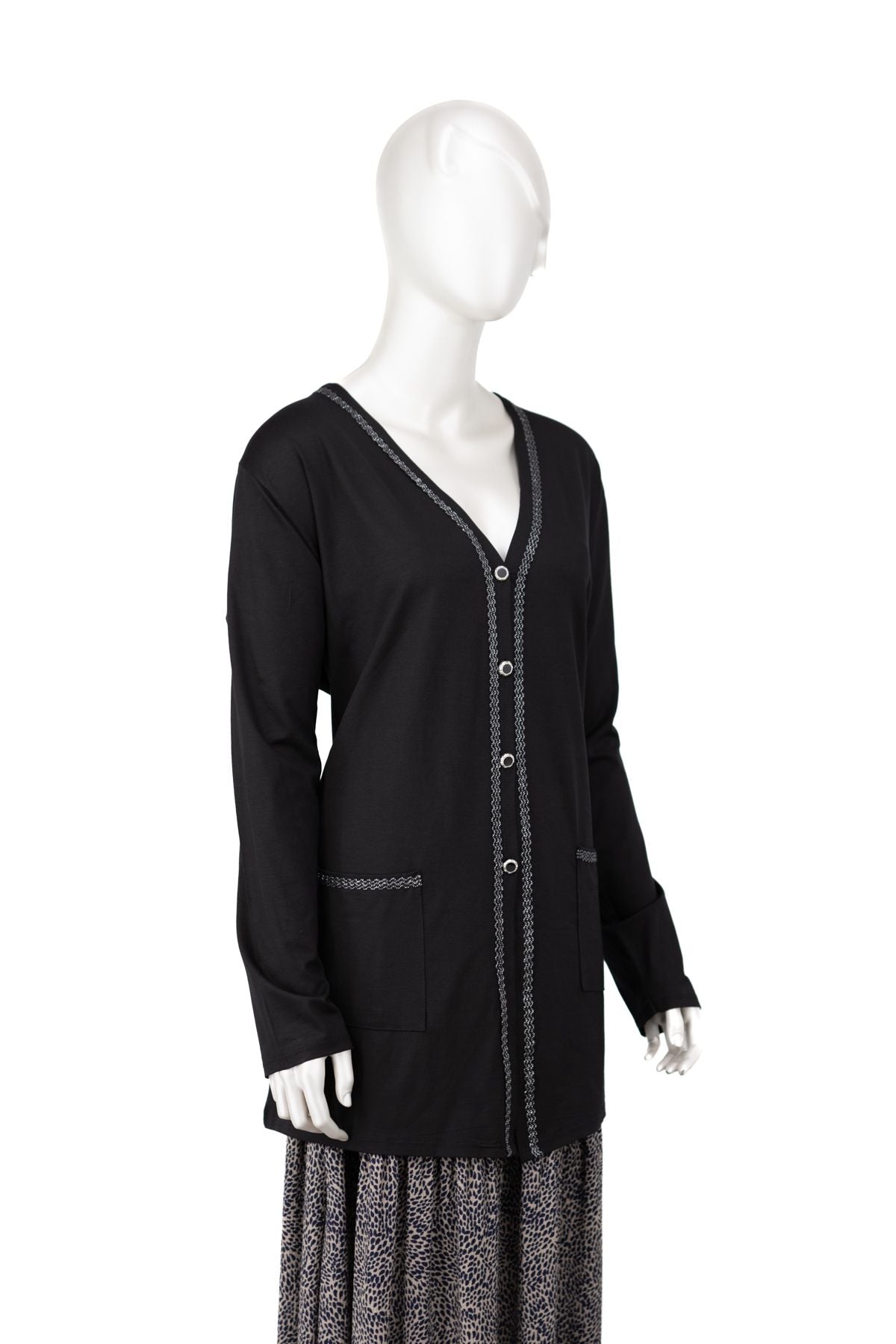 Kadın Turlu Viskon Penye Kumaş  Anne Hırka V Yaka Şık Düğmeli Sim Detaylı Cepli Tam Kalıp