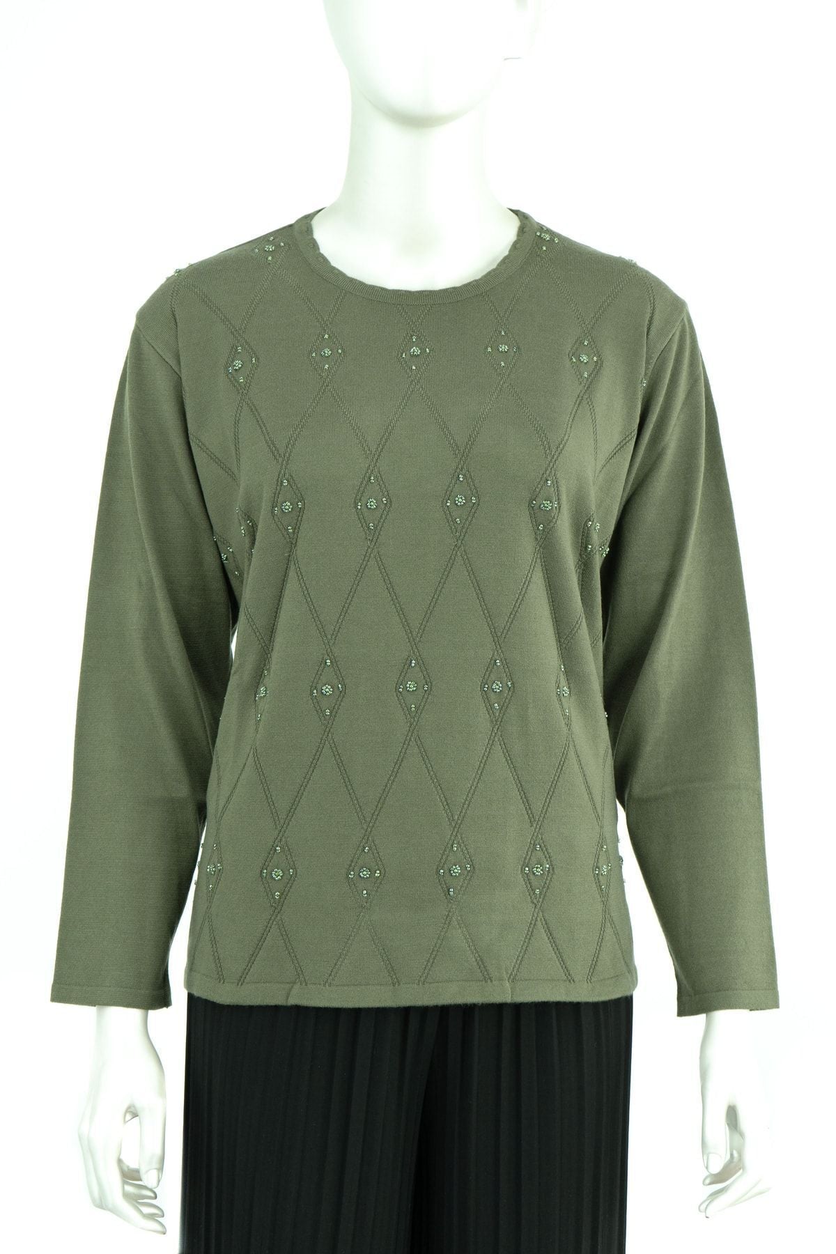 Kadın Kışlık Şirin Minik Taşlı Kendinden Desenli Normal Kesim Likralı Dokuma Anne Kazak