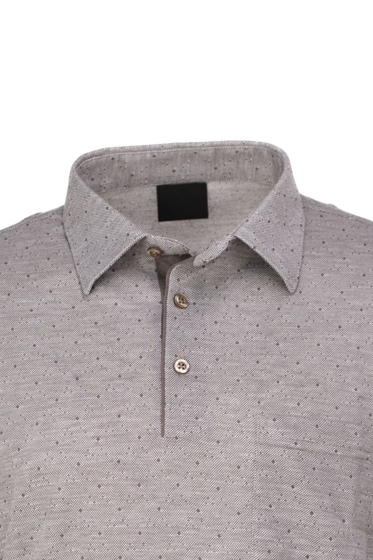 Erkek Pamuklu Kumaş T-Shirt Düğmeli Gömlek Yaka Cepli Kısa Kollu Şık Nokta Desenli Tam Kalıp
