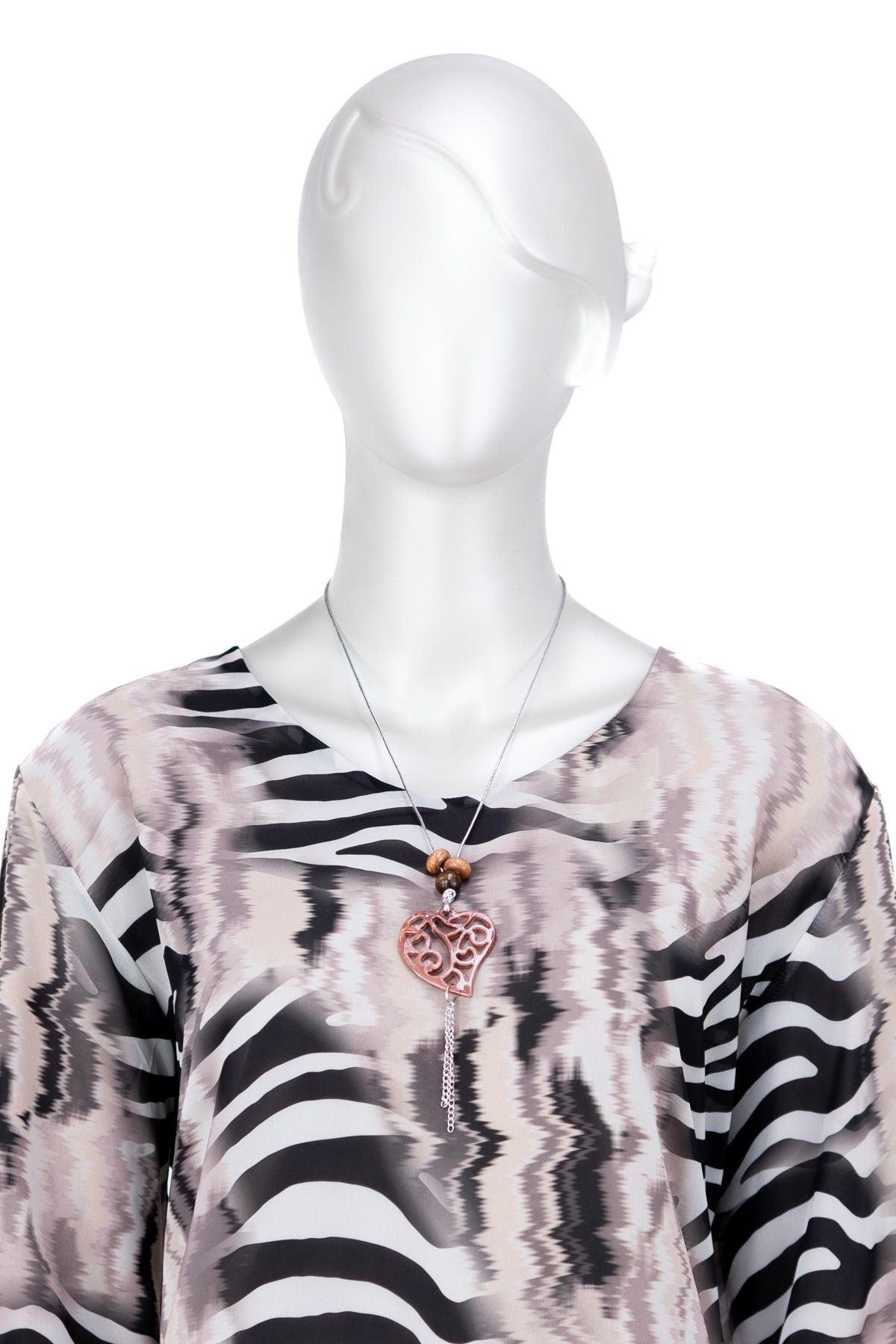 Kadın Klasik Şifon Anne Bluz Viskoz Kumaş Deniz Desenli Kolyeli Uzun Kollu Astarlı Tam Kalıp