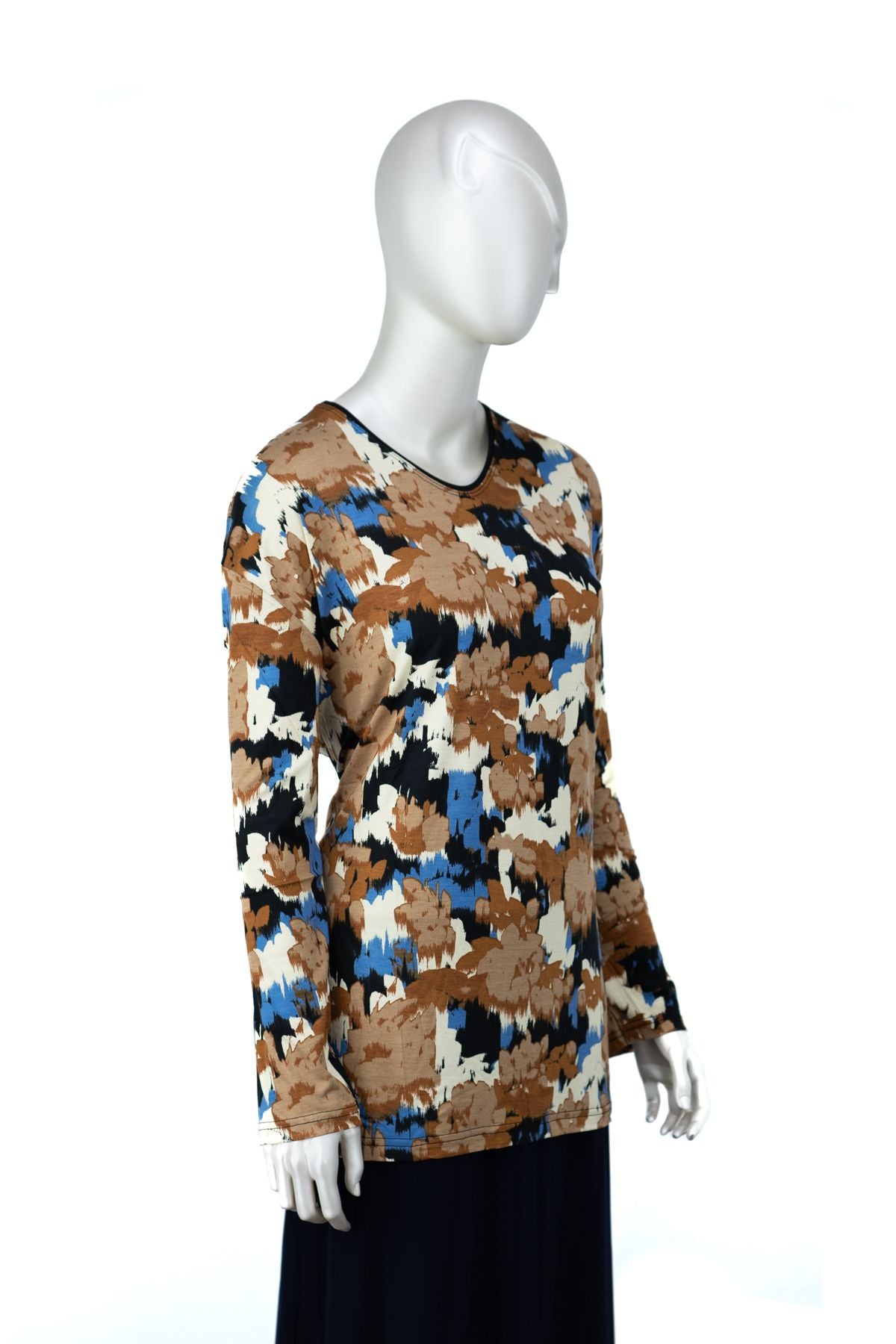 Kadın Turlu Viskon Penye Kumaş Anne Bluz Kadife Çiçeği Desenli Hafif V Yaka Tam Kalıp