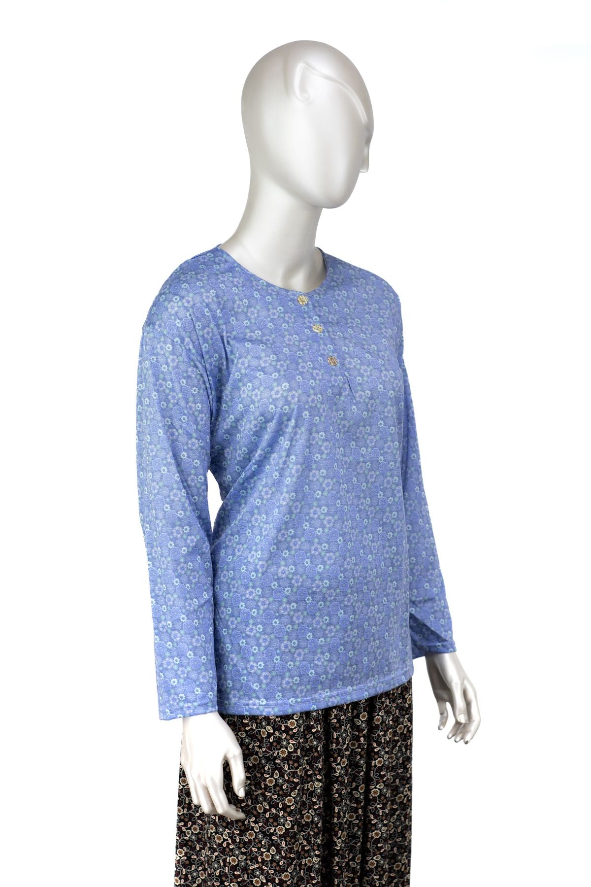 Kadın Kağıt Baskı Klasik Anne Bluz Pamuk Kumaş Manolya Desenli Üç Düğmeli Tam Kalıp