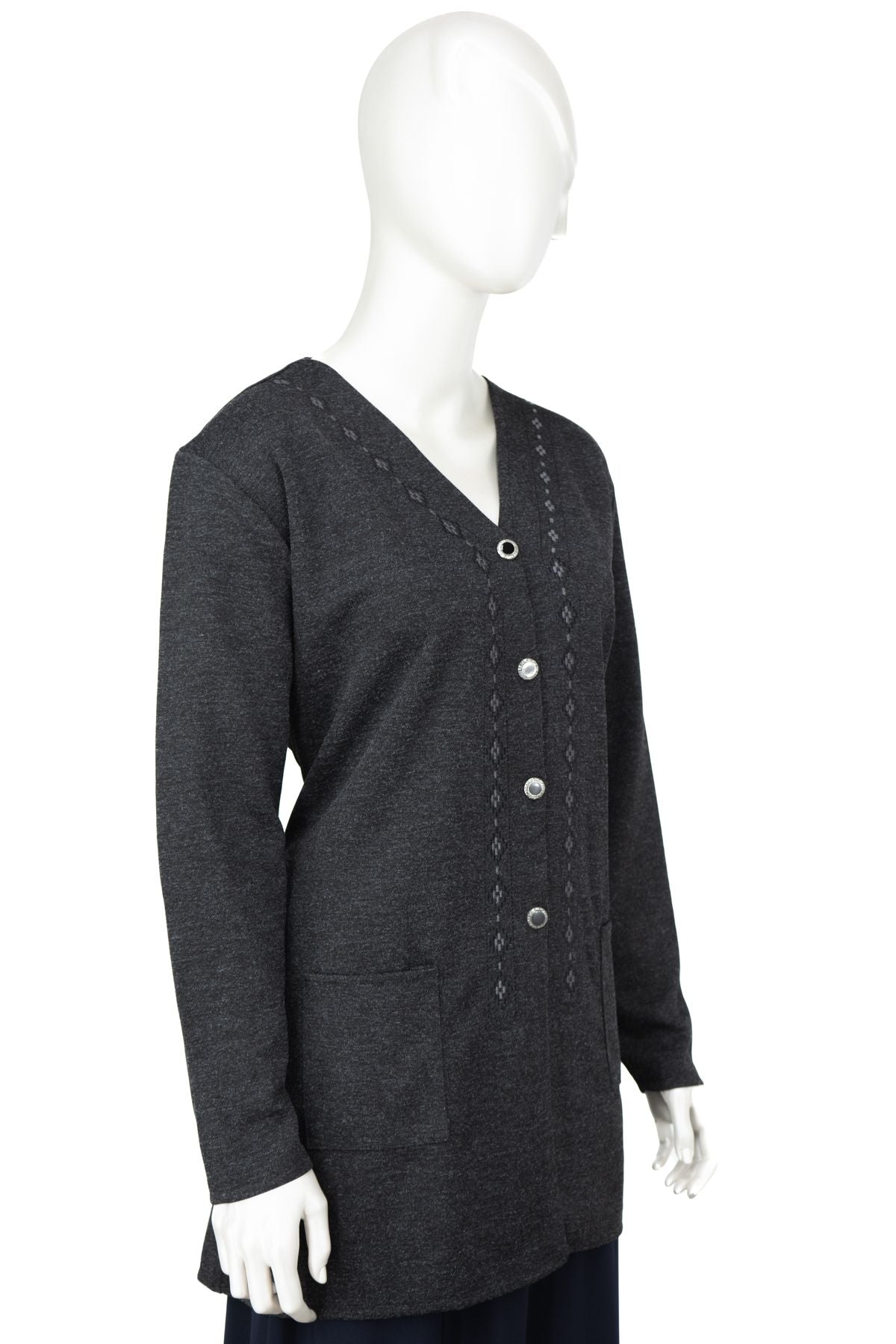 Kadın Kışlık Anne Hırka Modern Çiçek Nakışlı Ecrin Örme Önü Düğmeli Çift Cepli Likralı