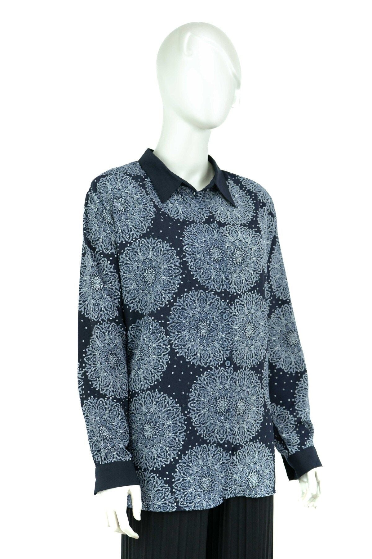 Kadın Elif Desenli Gömlek Yaka Vatkalı Tam Kalıp Büyük Beden Likrasız Kumaş Anne Gömlek