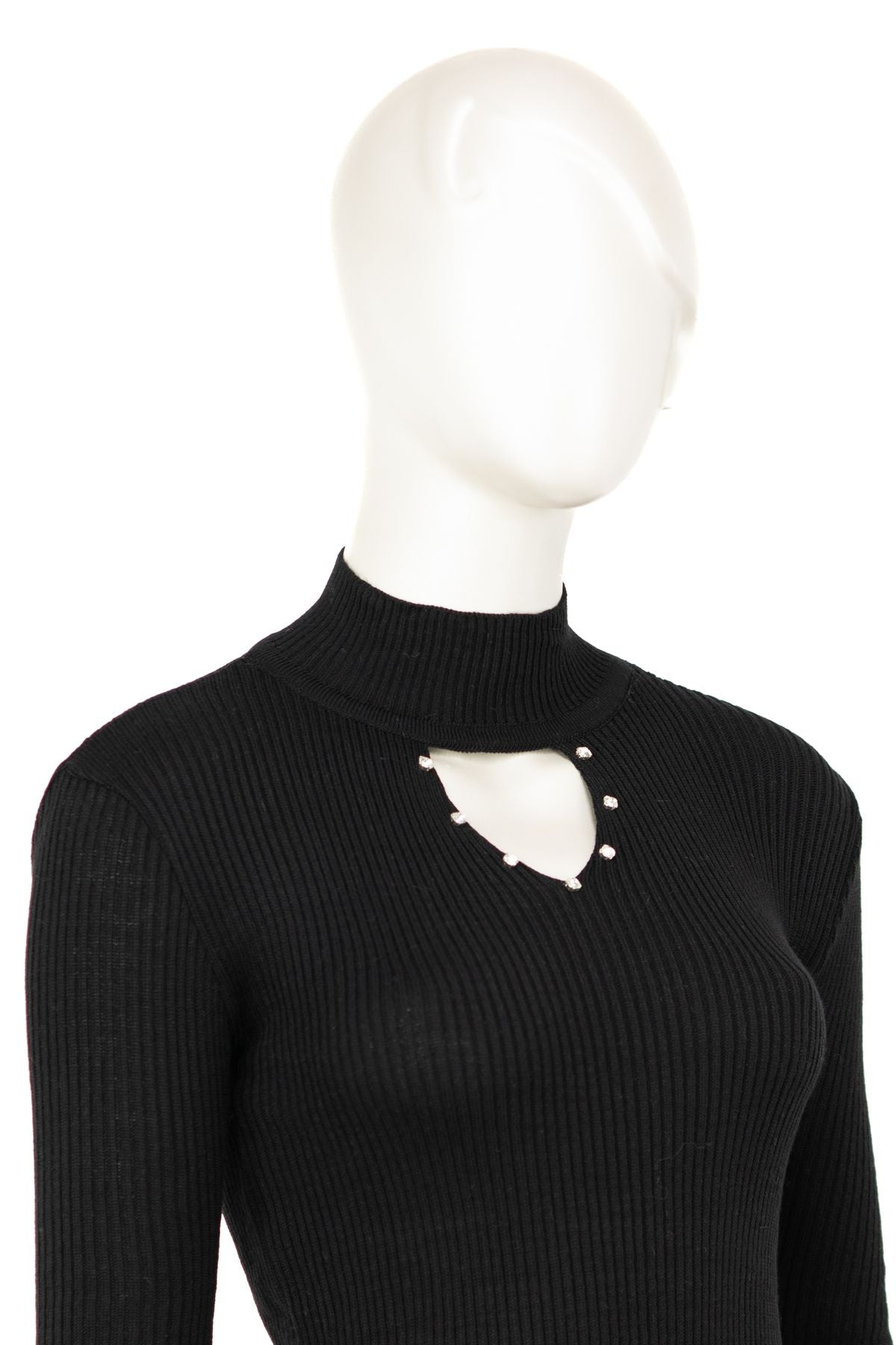 Kadın Kışlık Yarım Yakalı ve Taşlı Yaka Açıklığı Bulunan Bedene Oturan Örme Triko Badi Kazak