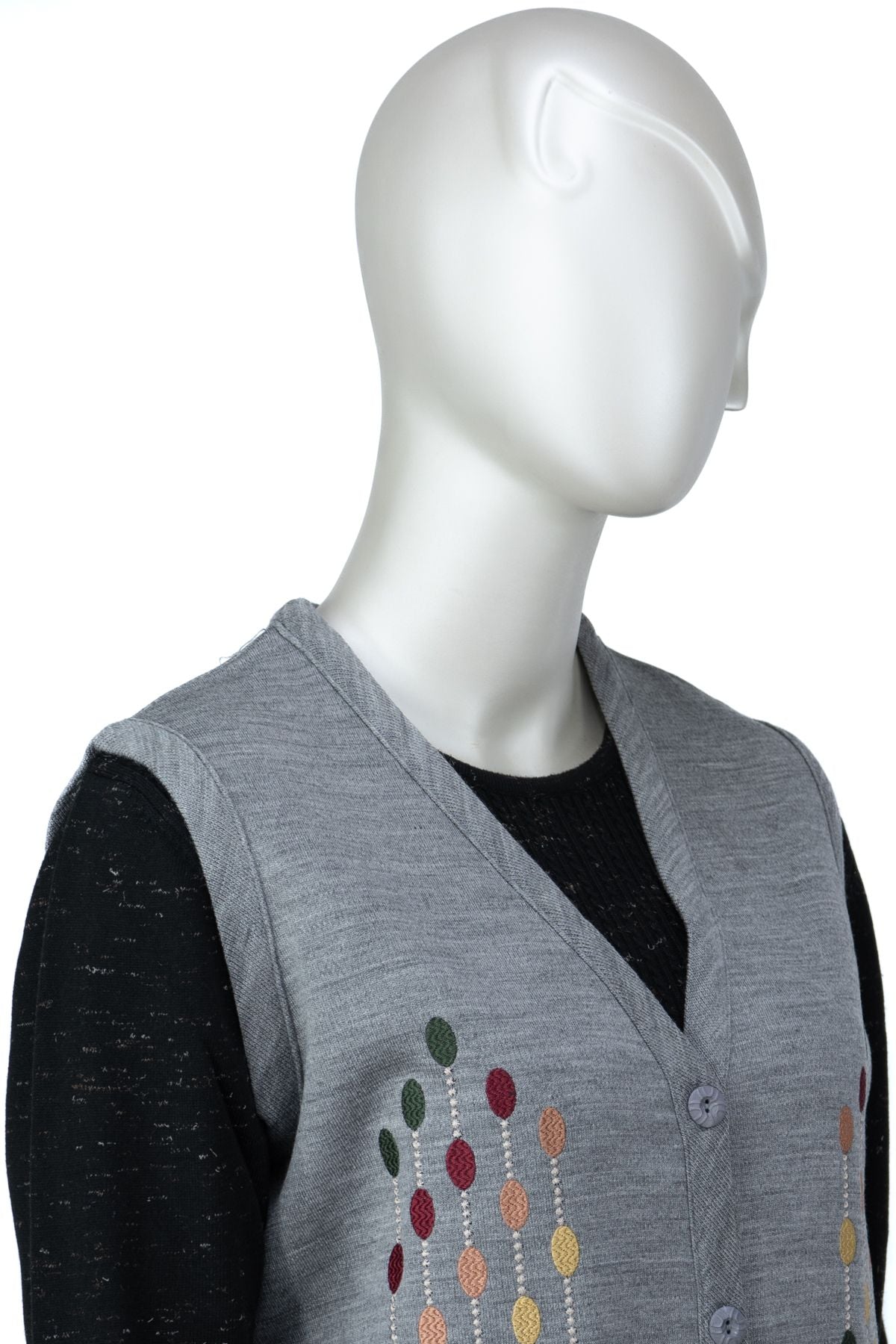 Kadın Çelik Örme Anne Yelek V Yaka Damlam Nakışlı Çift Cepli Düğmeli Rahat Tam Kalıp Likralı