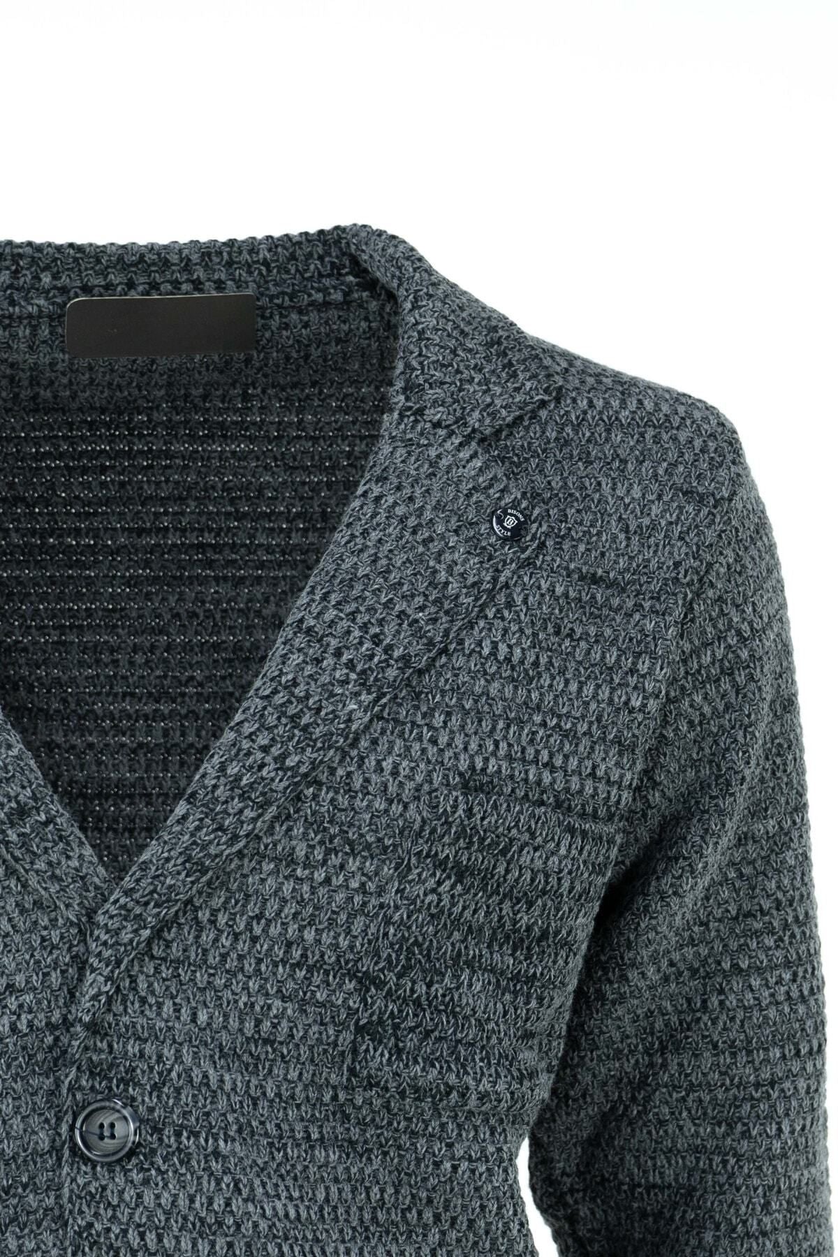 Erkek Mevsimlik V Yaka Önü Düğmeli Armalı Uzunkol Cepli Likralı Pamuklu Dokuma Kotonel Hırka