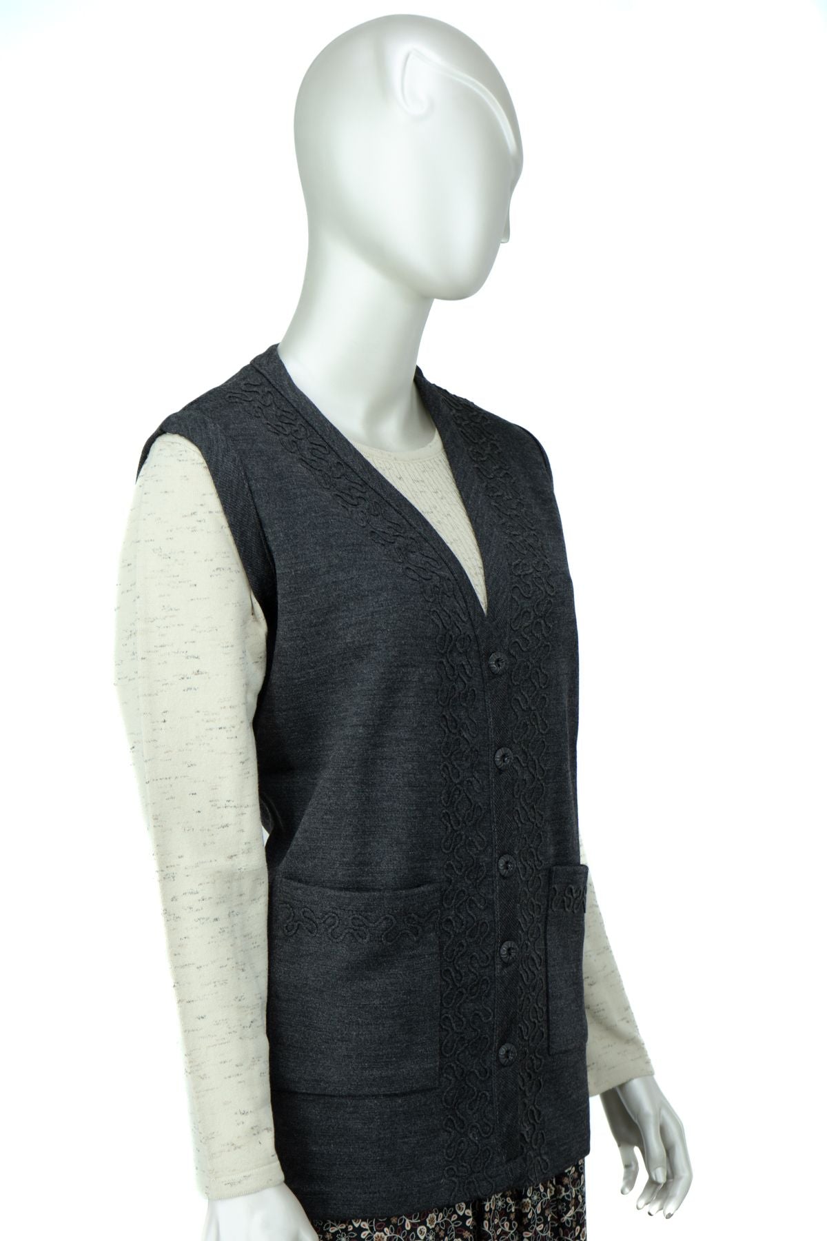 Kadın Çelik Örme Anne Yelek V Yaka Sarmaşık Nakışlı Çift Cepli Düğmeli Tam Kalıp Likralı