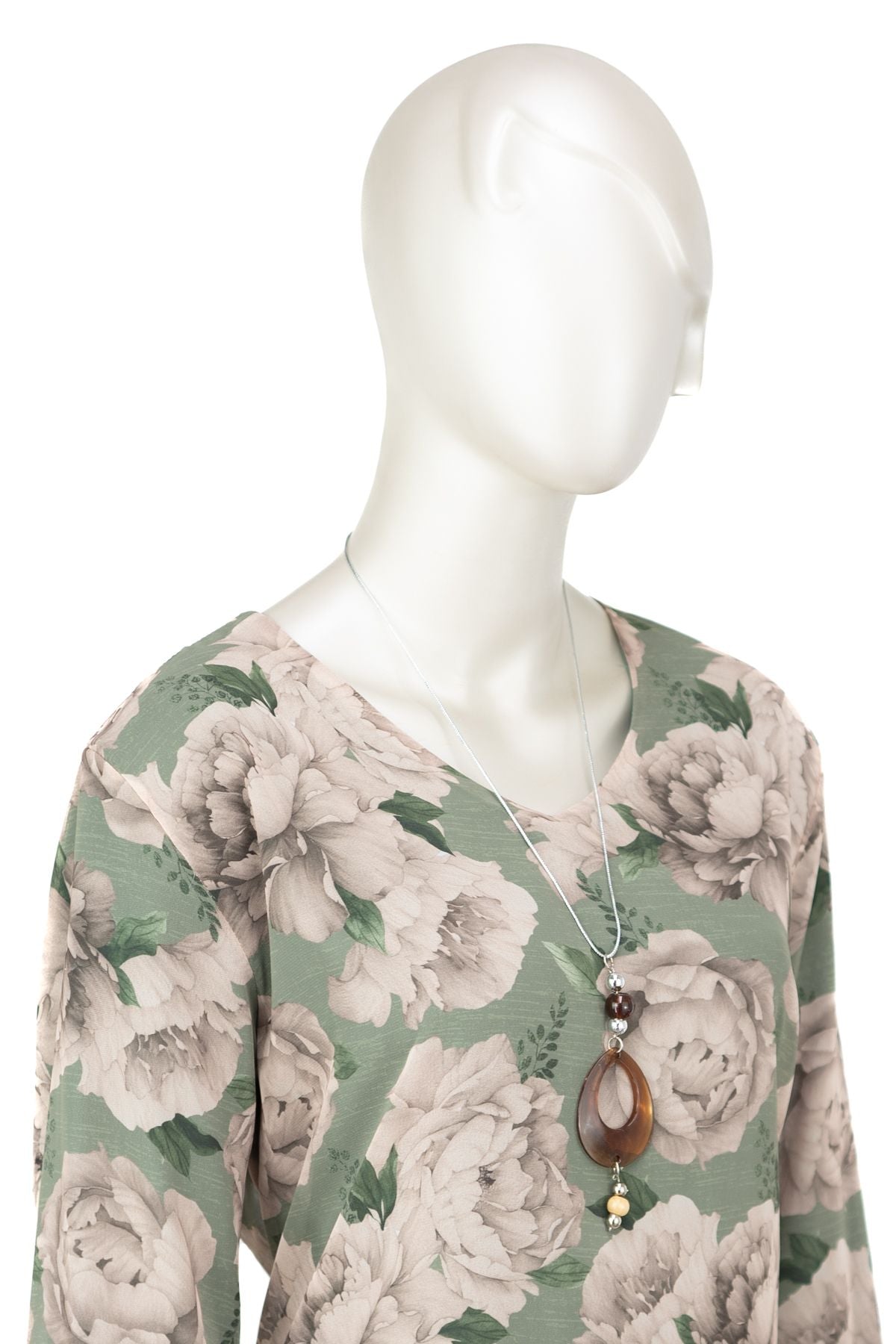 Kadın Klasik Şifon Anne Bluz Viskoz Kumaş Gül Desenli Kolyeli Uzun Kollu Astarlı Tam Kalıp