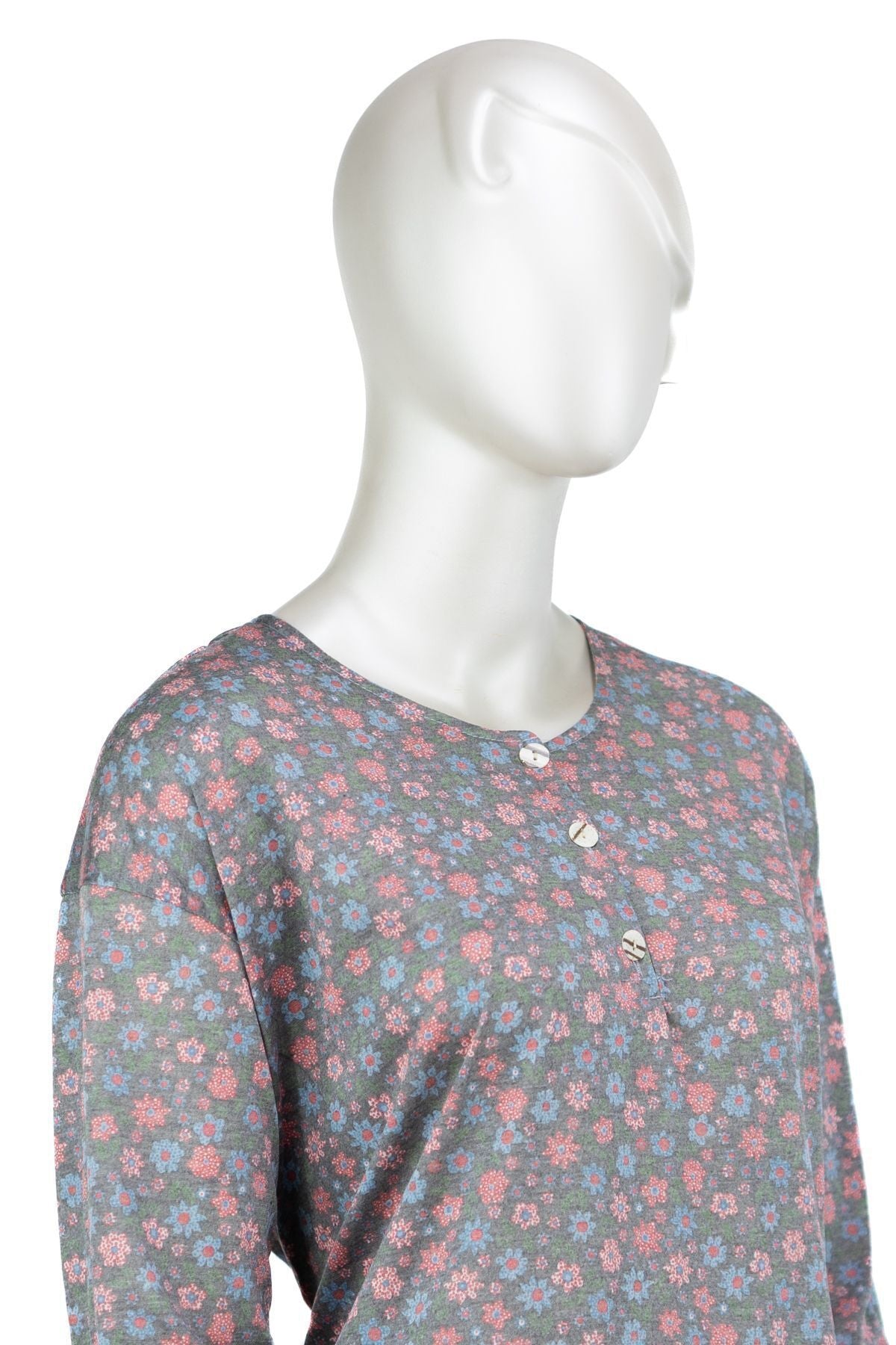 Kadın Kağıt Baskı Klasik Anne Bluz Papatya Desenli Üç Düğmeli Yuvarlak Yaka Tam Kalıp