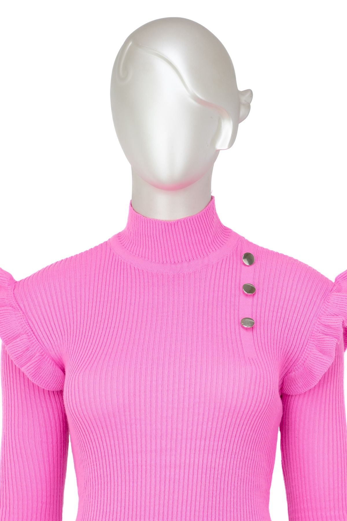 Kadın Kışlık Kolları Şık DüğmeDetaylı Yarım Yaka Bedene Oturan Likralı Örme Triko Badi Kazak