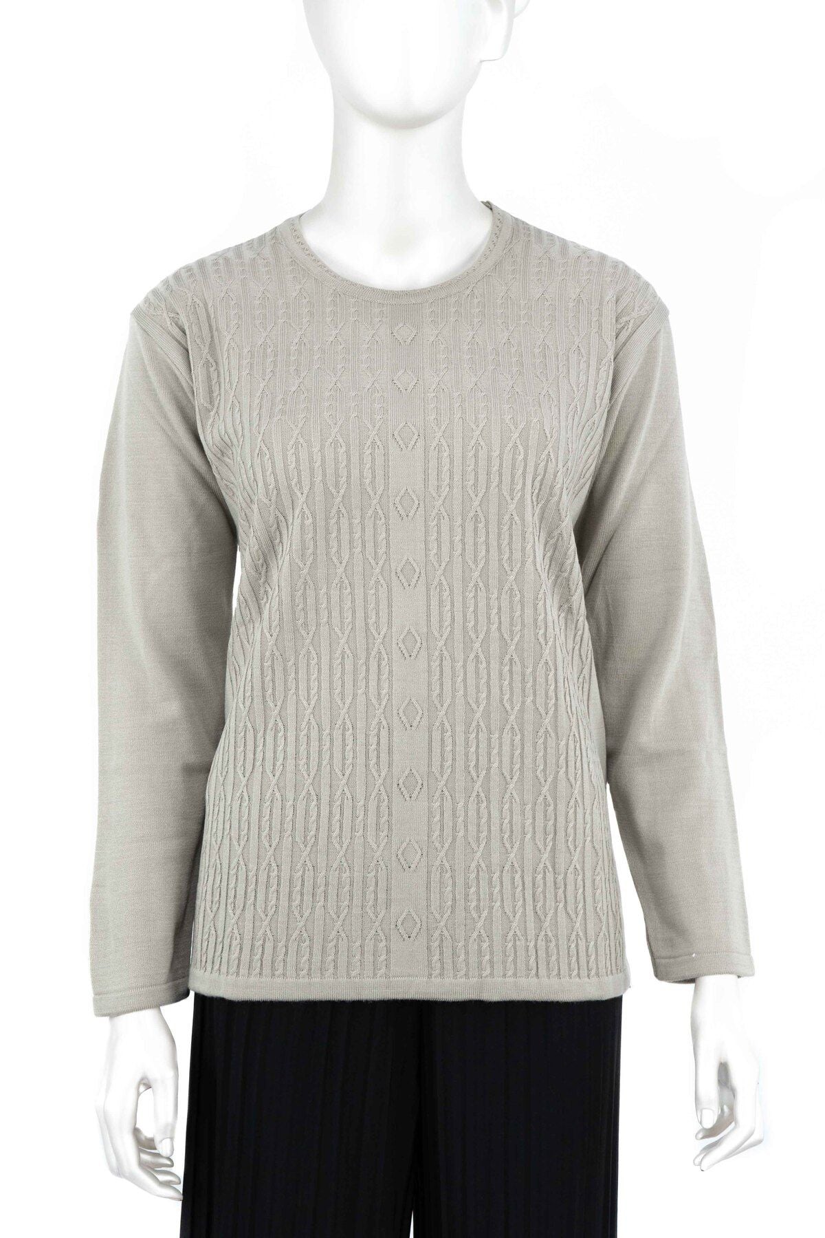 Kadın Kışlık Kendinden Motifli Yuvarlak Yaka Likralı Pamuklu Triko Dokuma Anne Kazak