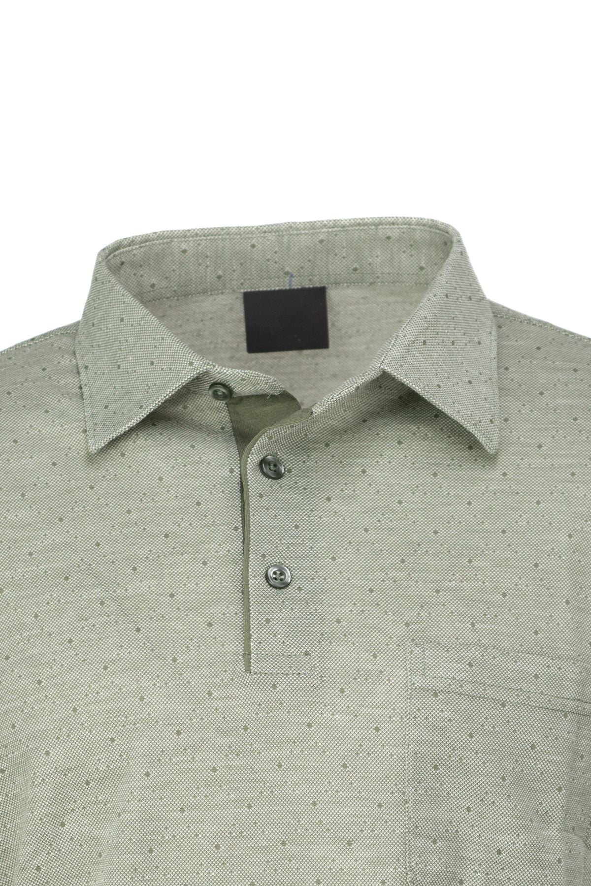 Erkek Pamuklu Kumaş T-Shirt Düğmeli Gömlek Yaka Cepli Kısa Kollu Şık Nokta Desenli Tam Kalıp
