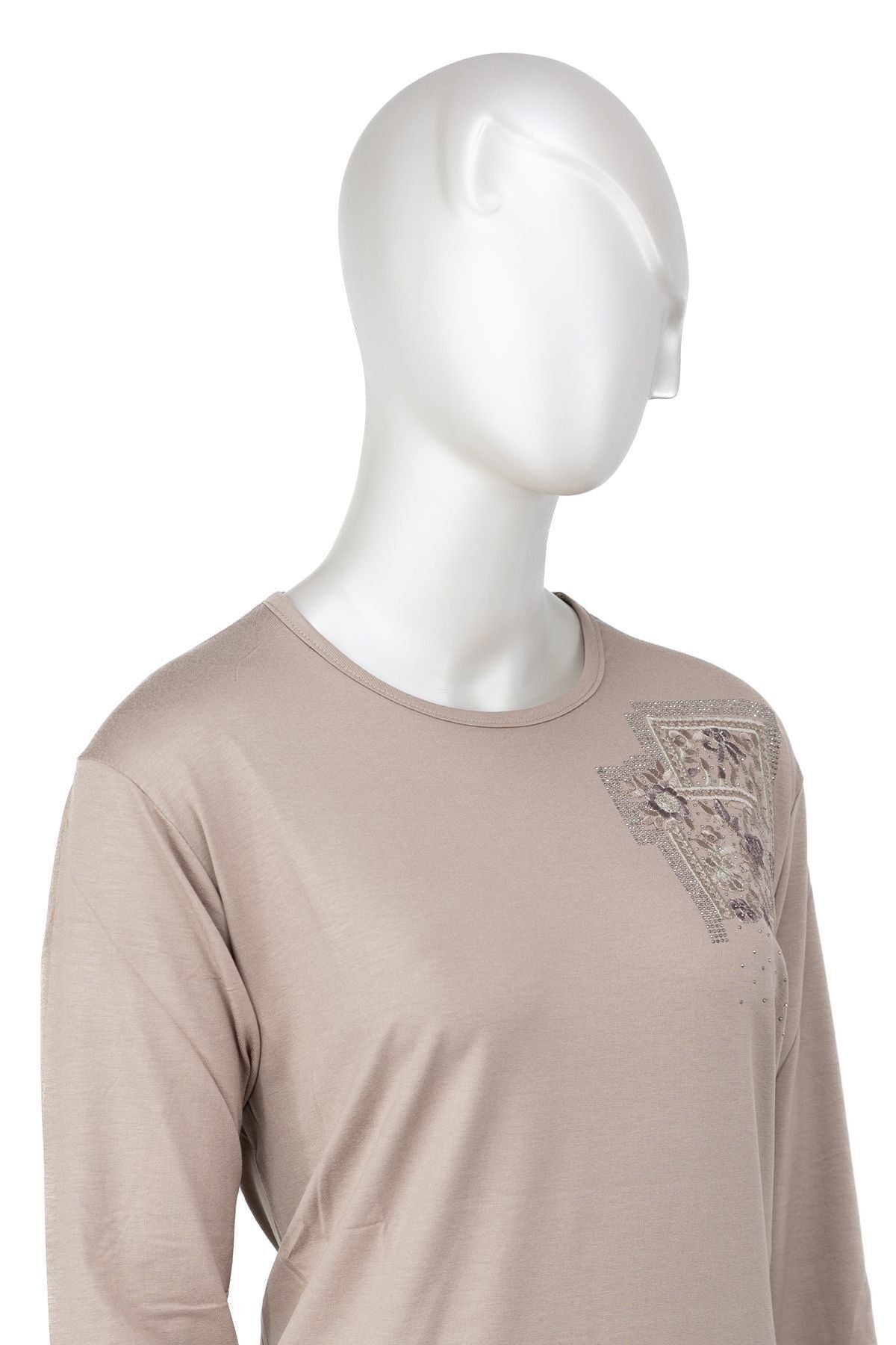 Kadın Turlu Viskon Penye Kumaş Anne Bluz inci Çiçek Taşlı ve Nakışlı Likralı Tam Kalıp