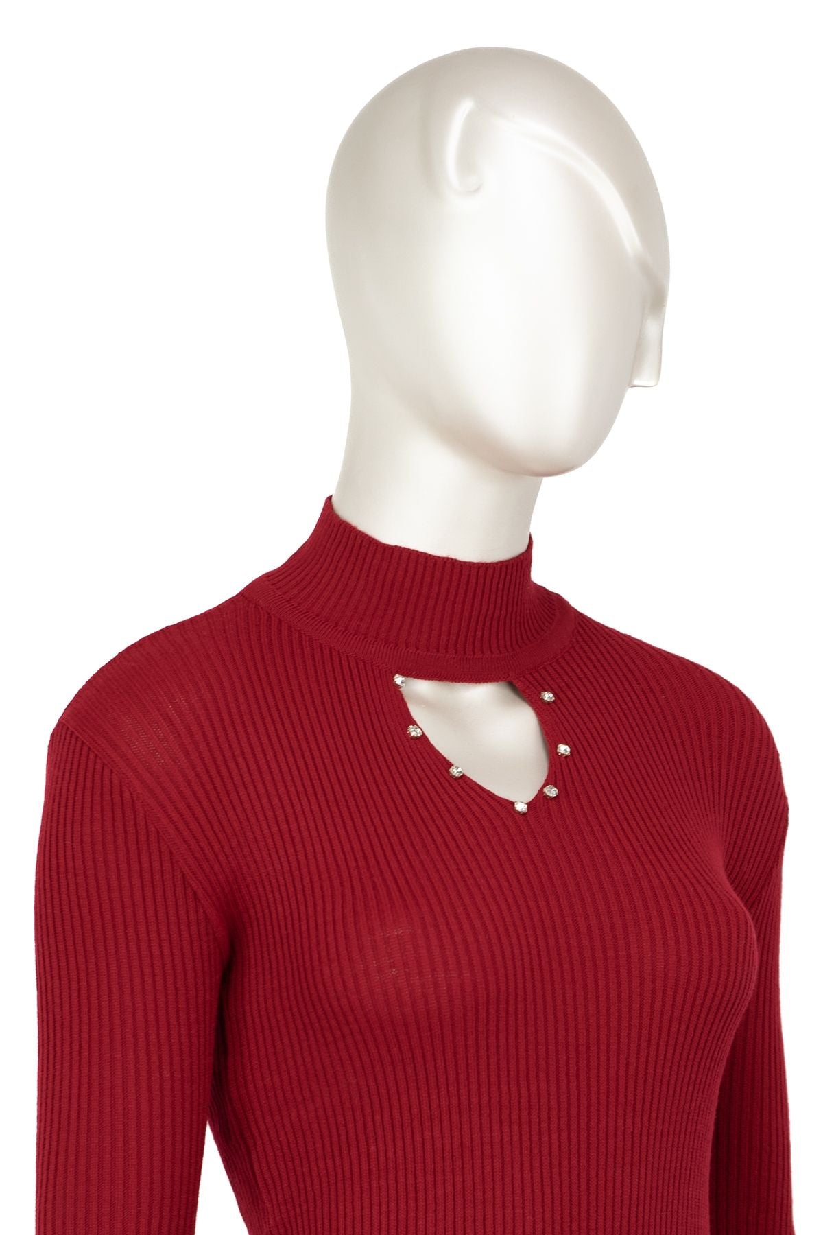 Kadın Kışlık Yarım Yakalı ve Taşlı Yaka Açıklığı Bulunan Bedene Oturan Örme Triko Badi Kazak