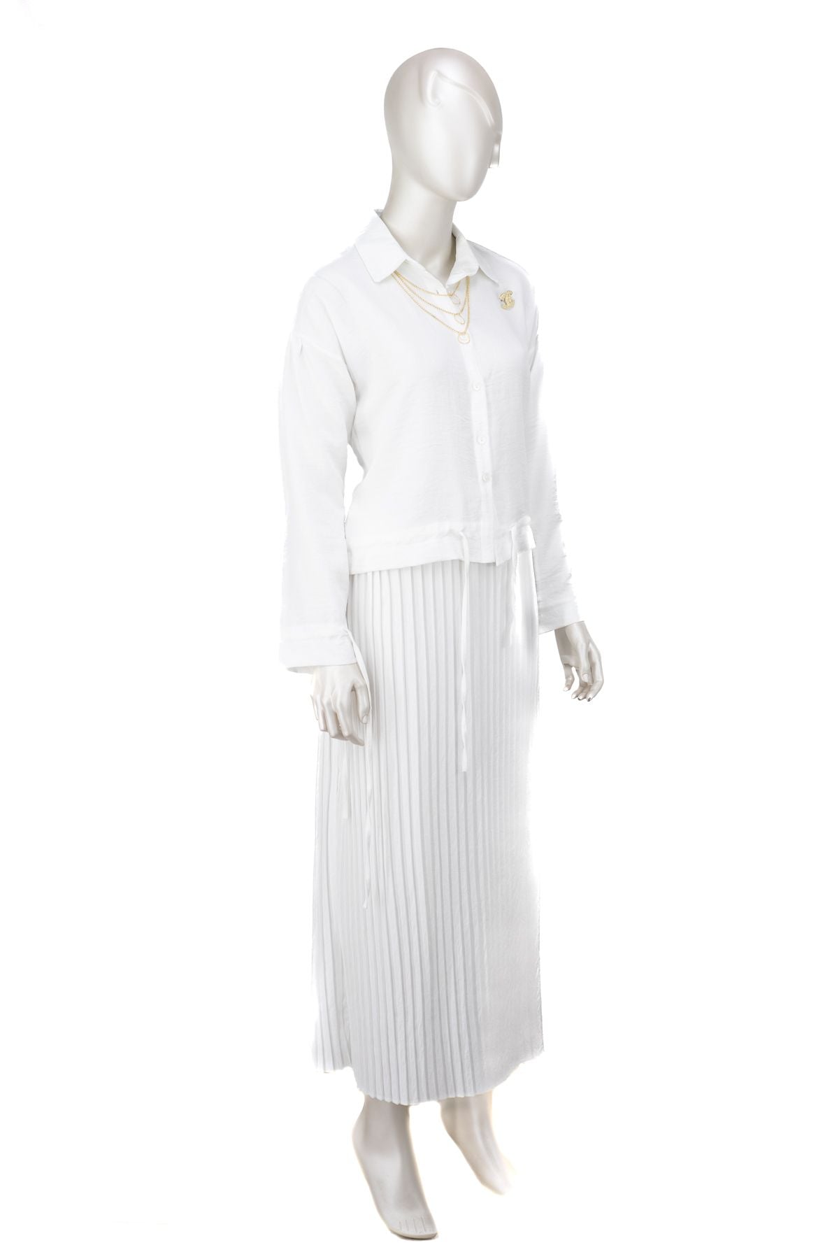 Kadın ikili Piliseli Keten Takım Yakası Kolyeli Önü Düğmeli Gömlek Yaka Şık Modelli TamKalıp