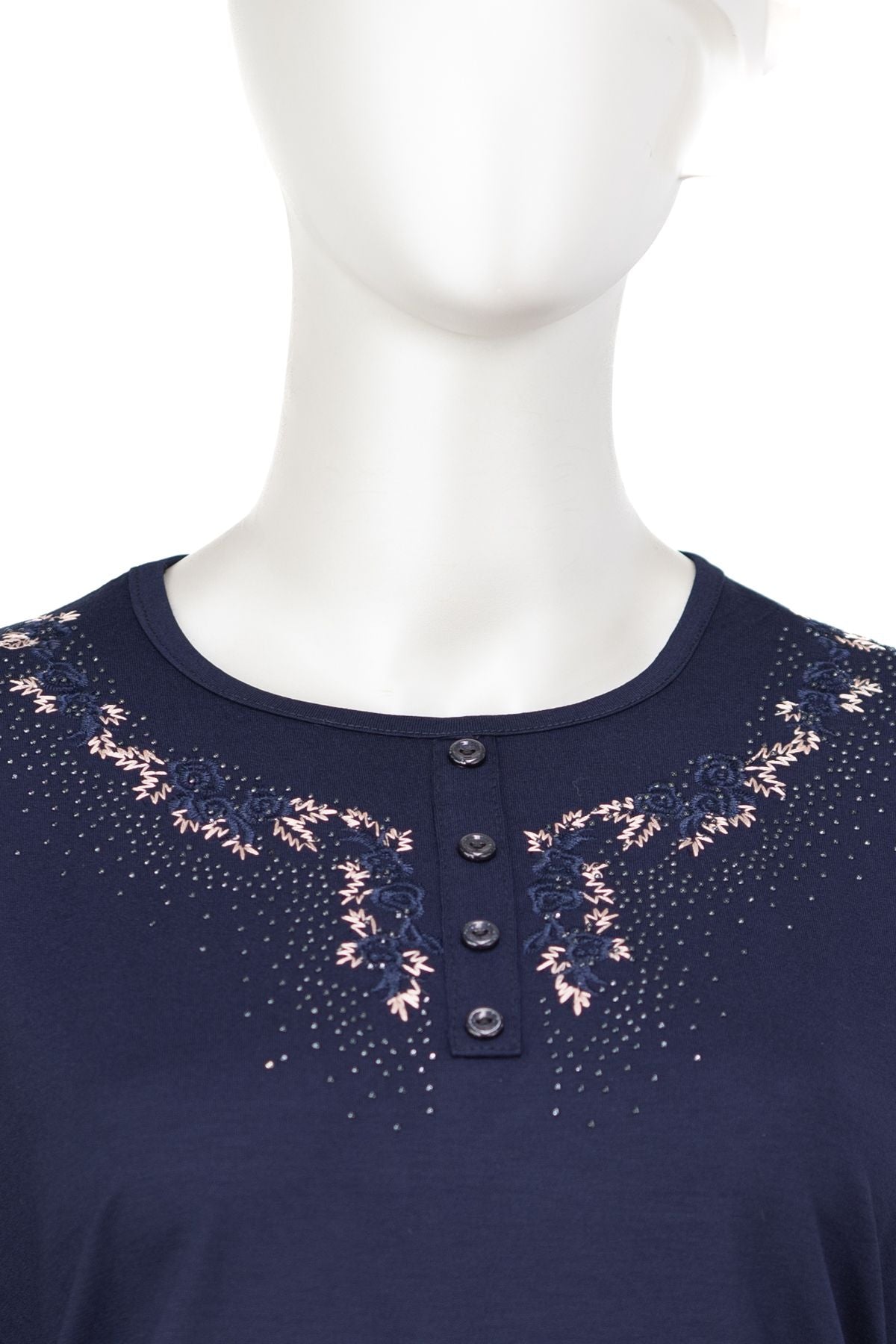 Kadın Turlu Viskon Penye Kumaş Anne Bluz Şık Taşlı ve Nakışlı Yuvarlak Yaka TamKalıp Likralı