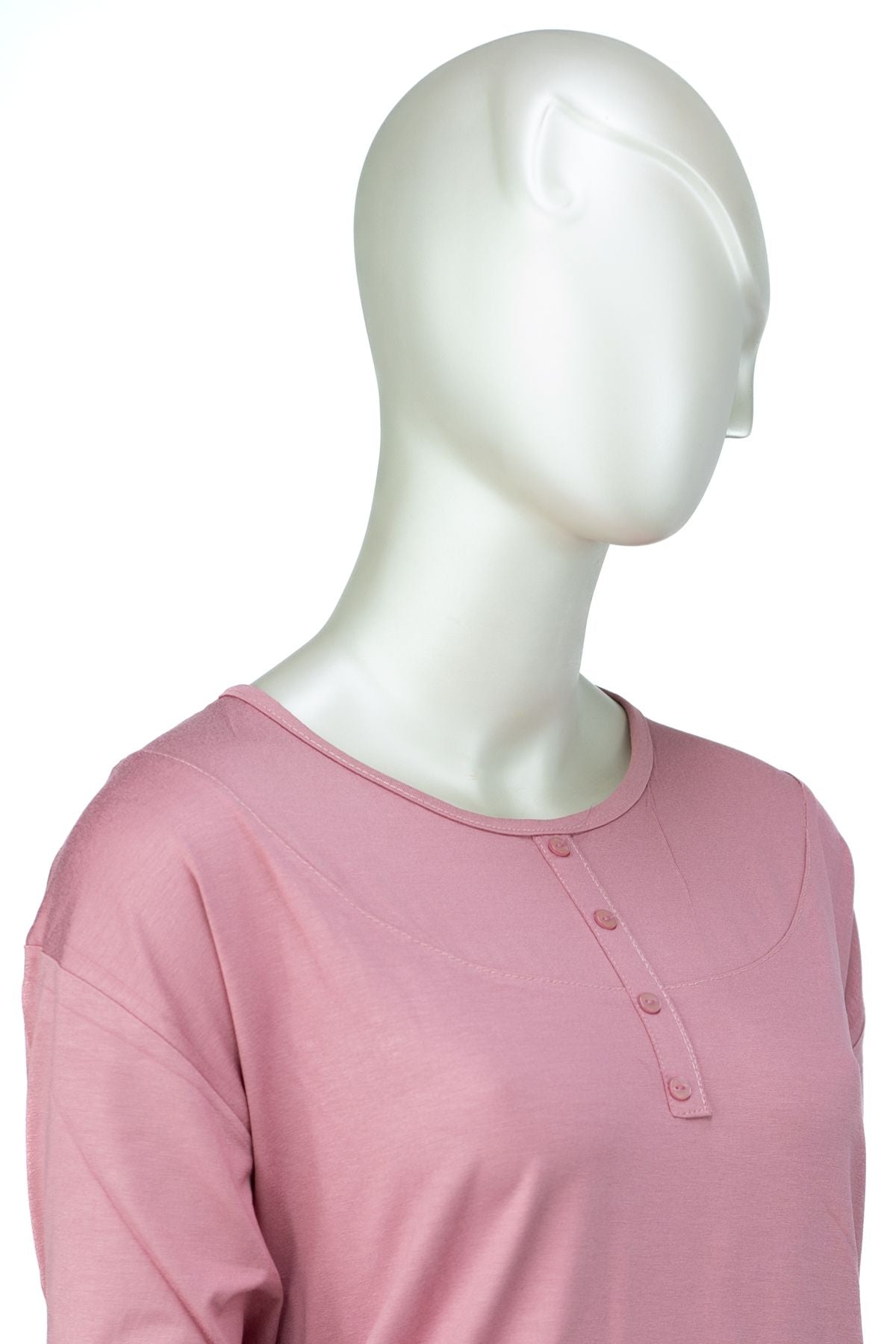 Kadın Klasik Düğme Desenli Yuvarlak Yaka Rahat Büyük Beden Viskon Penye Kumaş Anne Bluz