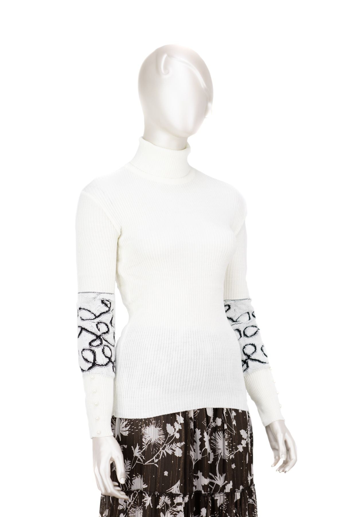 Kadın Kışlık Kolları Şık Boncuklu Tam Boğazlı Yaka Bedene Oturan Örme Triko Badi Kazak