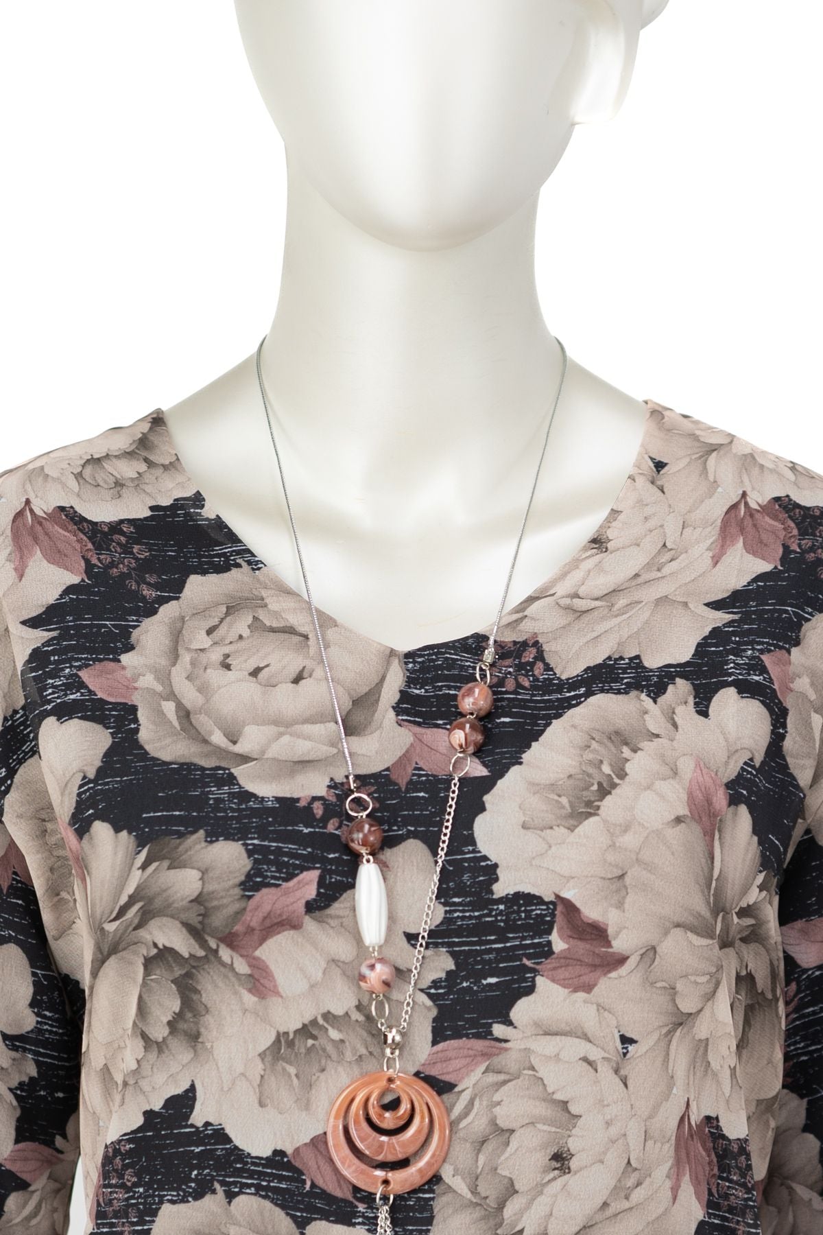 Kadın Klasik Şifon Anne Bluz Viskoz Kumaş Gül Desenli Kolyeli Uzun Kollu Astarlı Tam Kalıp