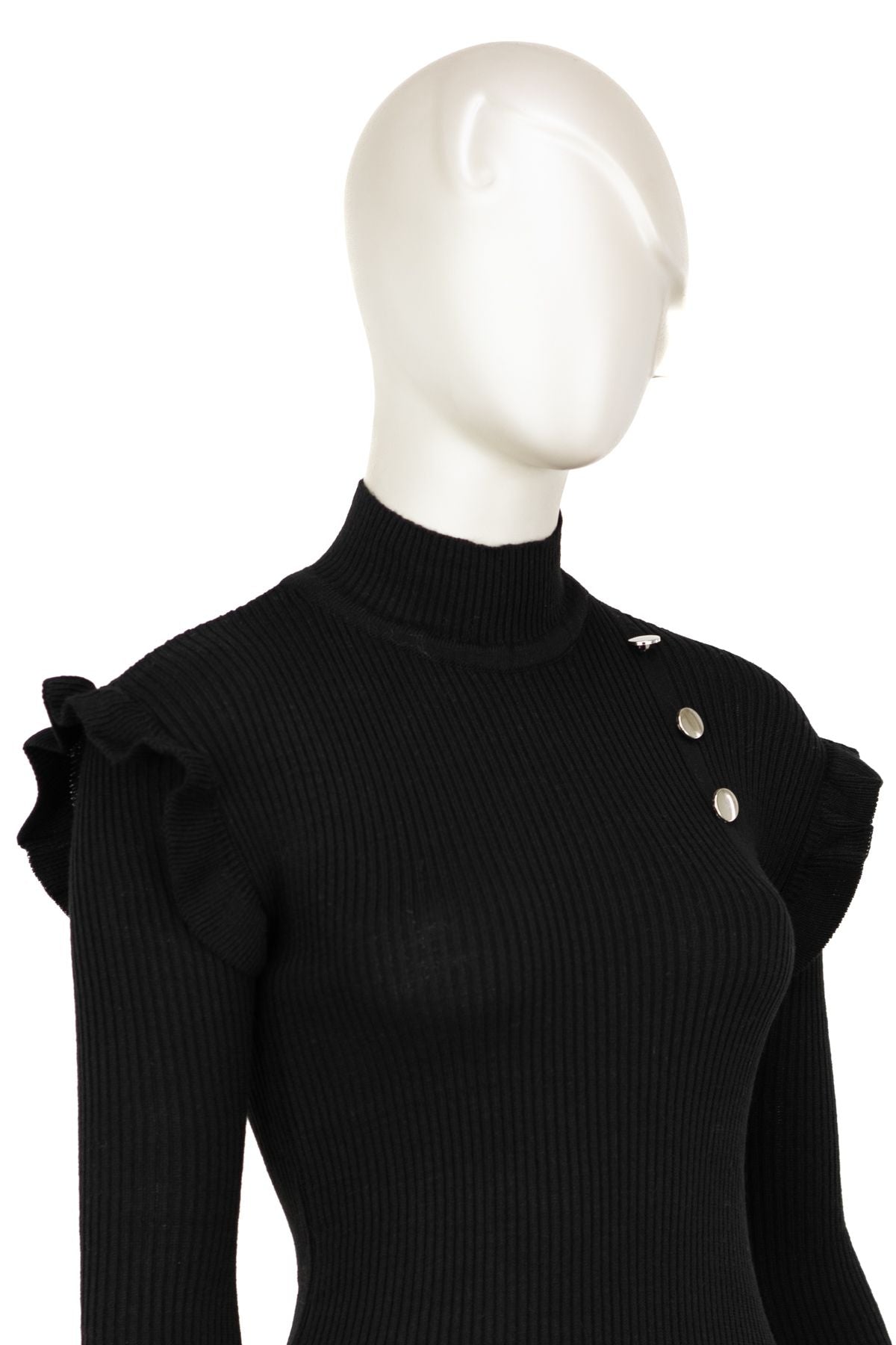 Kadın Kışlık Kolları Şık DüğmeDetaylı Yarım Yaka Bedene Oturan Likralı Örme Triko Badi Kazak