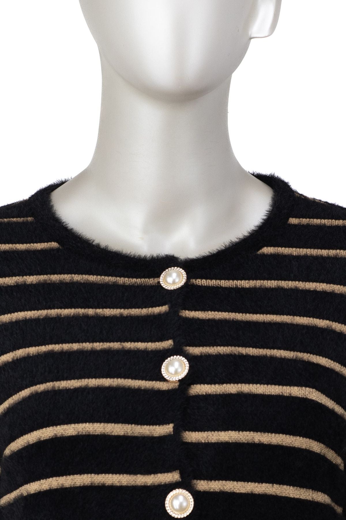 Kadın Kışlık Çizgi Desenli Düğmeli Rahat Tam Kalıp Likralı Tüylü Dokuma Triko Moda Hırka