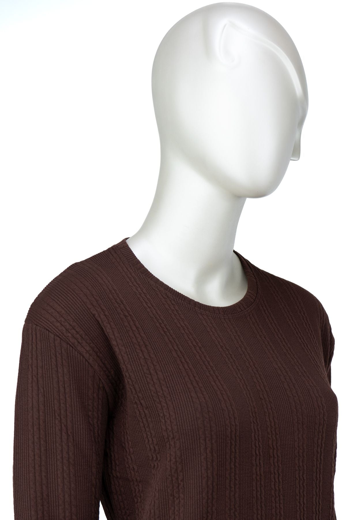 Kadın Kışlık Badi Bluz Gofre Kumaş Kendinden Desenli Likralı Yuvarlak Yaka Uzun Kollu Rahat