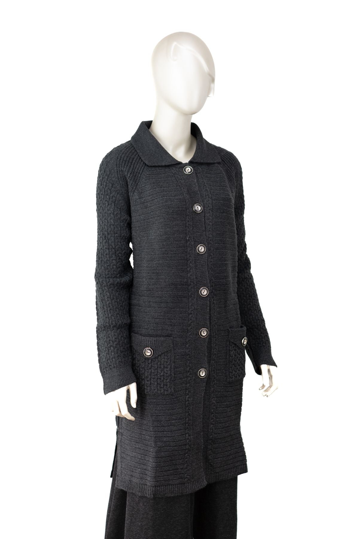 Kadın Kalın Kışlık Örgü Motifli Çift Cepli Triko Örme Anne Hırka Yakalı Rahat Kesim TamKalıp